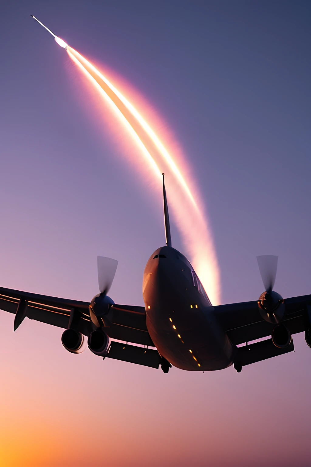 Highly detailed 4K plane with purple sky, CGI taking off full afterburner military