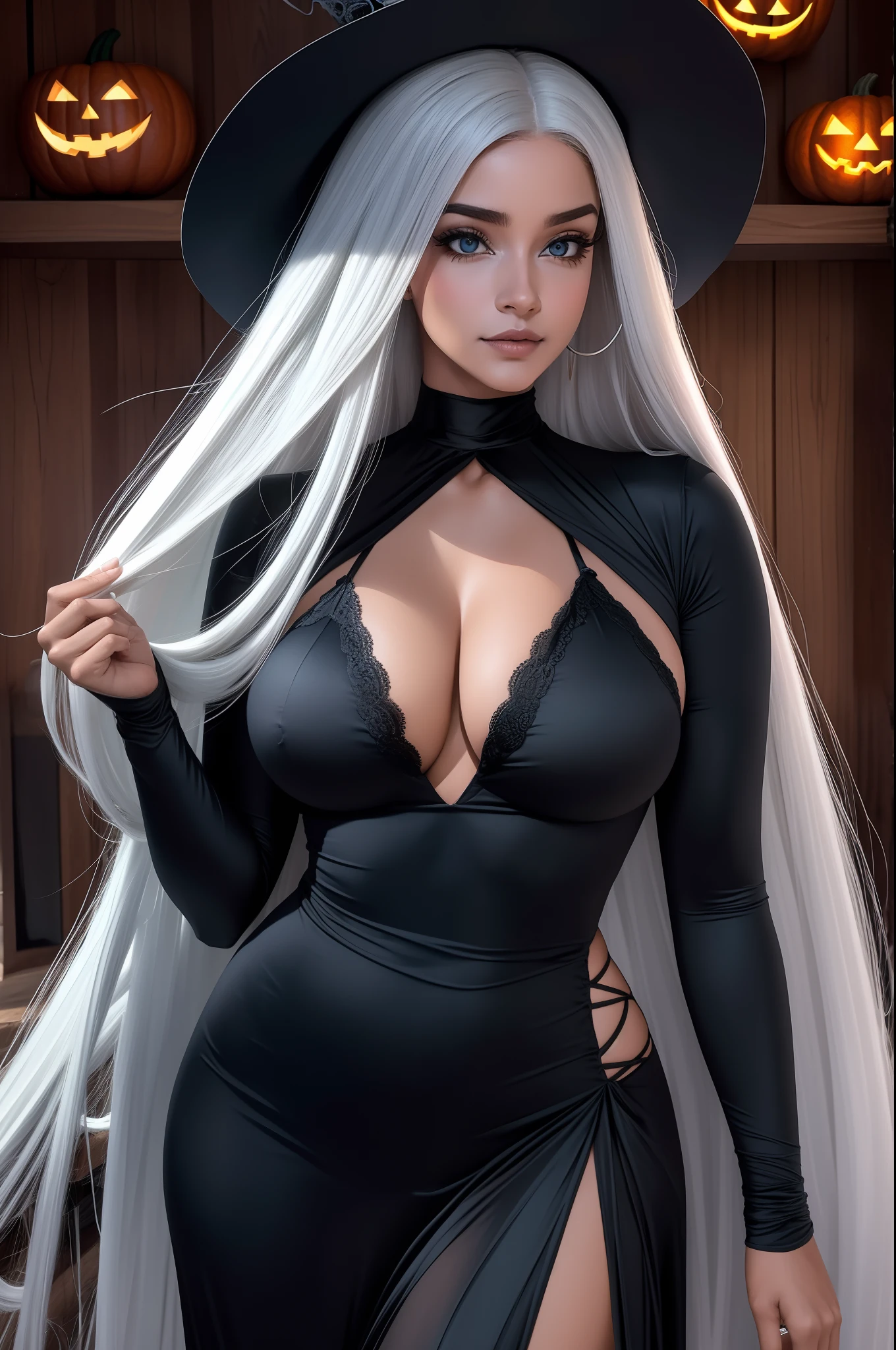 ( qualidade 8k ), ( melhor qualidade ), ( Ultra HD | | ), ( Anatomia do personagem perfeita ), ( perfect lighting ), ( Foto corpo inteiro 8k ), ( Detalhamentos perfeitos ), ( Detalhes do personagem perfeitos ), ( Details of the perfect setting ), ( obra prima ), ( Simetria do rosto do personagem delicado ), ( Construction of the body of the delicate character), mulher bela, rosto perfeito, corpo perfeito, pernas perfeitas, cor dos olhos mel, cabelos longos lisos, mulher de altura 1.65 ( one meter and sixty-five centimeters ) , usando traje de bruxa halloween, com manto do halloween, (( Flowing mantle )), (( Manto intrincado )), Halloween Festival Scenery