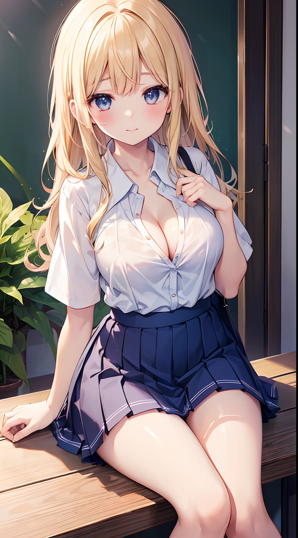 1 girl in、Cute Beautiful Girl、((Schoolgirl Uniform))、((summer clothing))、The blouse is unbuttoned、White blouses、shortsleeves、lightly dressed、Thin fabric clothes、Navy blue micro mini skirt、(((show off cleavage)))、((Colossal tits))、seductiv、Little Goddess、Young Face、detailed thigh、top-quality、photos realistic、(15 year old)、(sitting on)、lightsmile、a blond