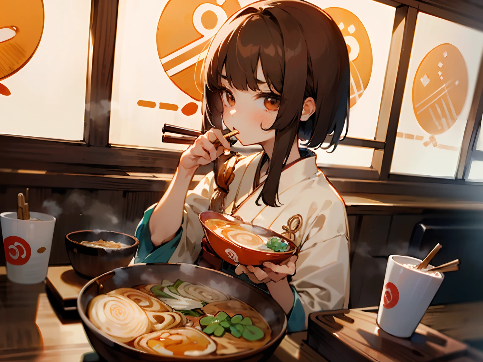 (masterpiece, best quality), 1girl, (eating ramen using chopsticks:1.34), (use chopsticks to pick up the ramen noodles and bring them to her mouth:1.21),  (slurp ramen with a pout:1.34), (chopsticks are shaped pairs of equal-length sticks:1.46), (hot steam from the ramen bowl:0.81), (the girl looking at the ramen), 
BREAK, 
upper body shot, view from side above, the girl is  yo, 160cm tall, medium bob brunette hair, large slanted eyes, school uniform, (in the Japanese Ramen restaurant with wooden traditional atmosphere:1.2),