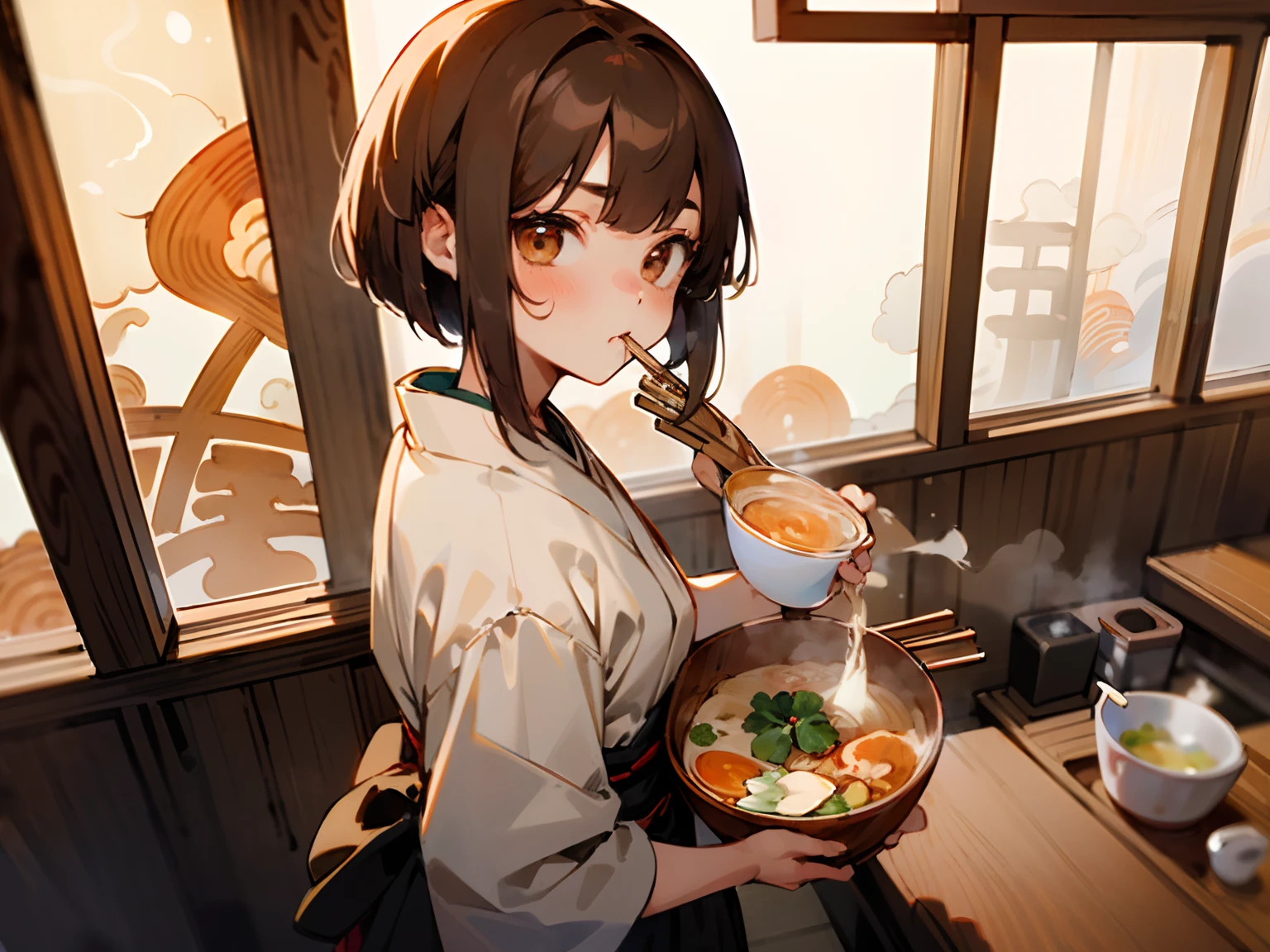 (masterpiece, best quality), 1girl, (eating ramen using chopsticks:1.34), (use chopsticks to pick up the ramen noodles and bring them to her mouth:1.21),  (slurp ramen with a pout:1.34), (chopsticks are shaped pairs of equal-length sticks:1.46), (hot steam from the ramen bowl:0.81), (the girl looking at the ramen), 
BREAK, 
upper body shot, view from side above, the girl is 15 yo, 160cm tall, medium bob brunette hair, large slanted eyes, school uniform, (in the Japanese Ramen restaurant with wooden traditional atmosphere:1.2),