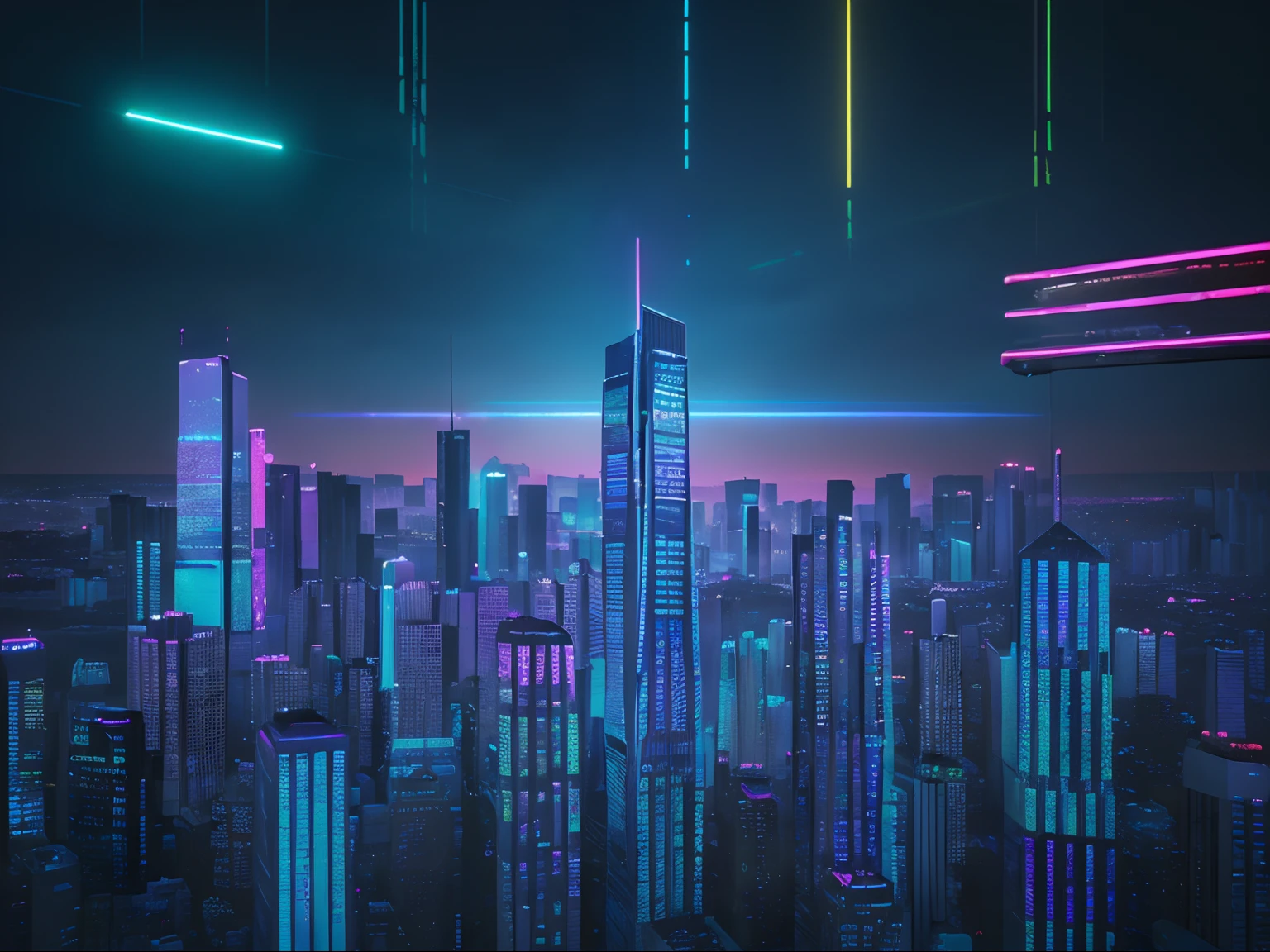 In a mesmerizing blend of neon lights and Vaporwave elements, this exquisite artwork presents a cityscape bathed in vibrant hues. The central subject is an urban landscape, depicted with meticulous attention to detail, capturing the essence of modern-day metropolis. The image, perhaps a digital art piece, showcases towering skyscrapers adorned with vivid neon signs that seemingly dance in the night. Striking contrasts accentuate every element, with electric pinks and blues contrasting against deep shadows, creating a visually stunning composition. The impeccable execution and meticulous rendering make this image a remarkable work of art that mesmerizes viewers with its flawless depiction of a futuristic city scene.