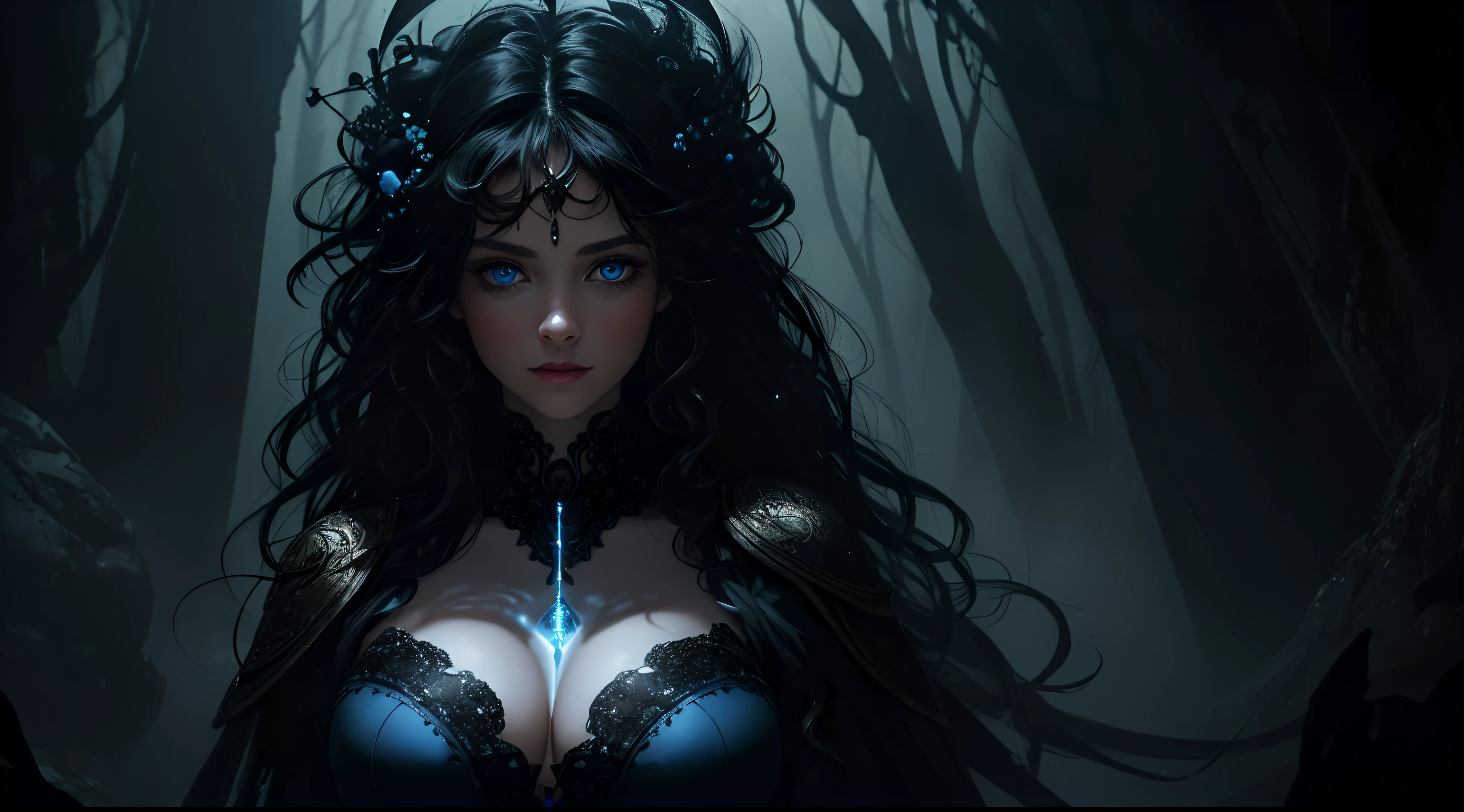(photorealism, best quality, high details, high-resolution:1.2, masterpiece, 4K), (dark fantasy illustration:1.3), portrait of beautiful woman, ((surrounded by black fog coming form all directions)), woman, curly black hair, hair without ornaments, black clothes, beautiful face, hourglass body, blue eyes, ((blue glowing eyes)), elegant, intricate , hourglass figure, (finely detailed beautiful eyes: 1.2), ((huge breasts)), perfect body, looking at viewer, enchanting gaze, 1gril, full body portrait, cinematic lighting, darkness, dark scene, ((dim light)), mute lighting, super detailed, ultrarealistic, digital photography