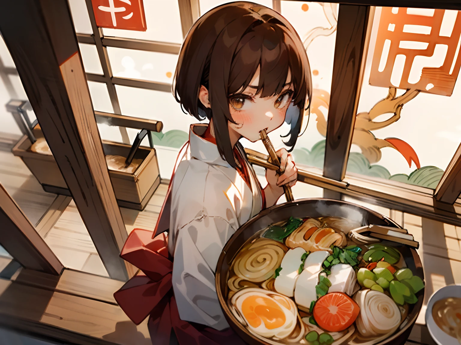 (masterpiece, best quality), 1girl, (eating ramen using chopsticks:1.34), (use chopsticks to pick up the ramen noodles and bring them to her mouth:1.21), (slurp ramen with a pout:1.34), (chopsticks are shaped pairs of equal-length sticks:1.46), (hot steam from the ramen bowl:0.81), (the girl looking at the ramen),
BREAK,
upper body shot, view from side above, the girl is 15 yo, 160cm tall, medium bob brunette hair, large slanted eyes, school uniform, (in the Japanese Ramen restaurant with wooden traditional atmosphere:1.2),