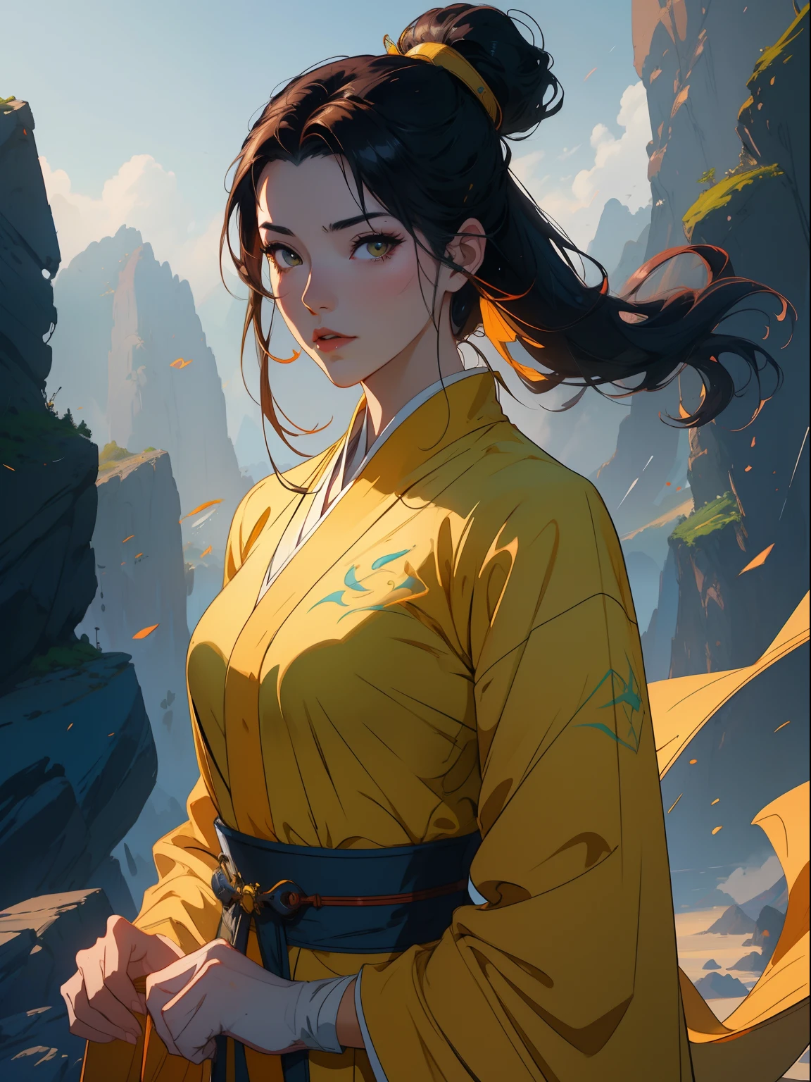 Anime - Style woman in yellow costume standing in front of a mountain, Artgerm and Atey Ghailan, Beautiful character painting, Guviz-style artwork, Ross Rush digital painting, Ross Tran 8 K, by Yang J, alena aenami and artgerm, :: rossdraws, Beautiful digital artwork, Style Artgerm