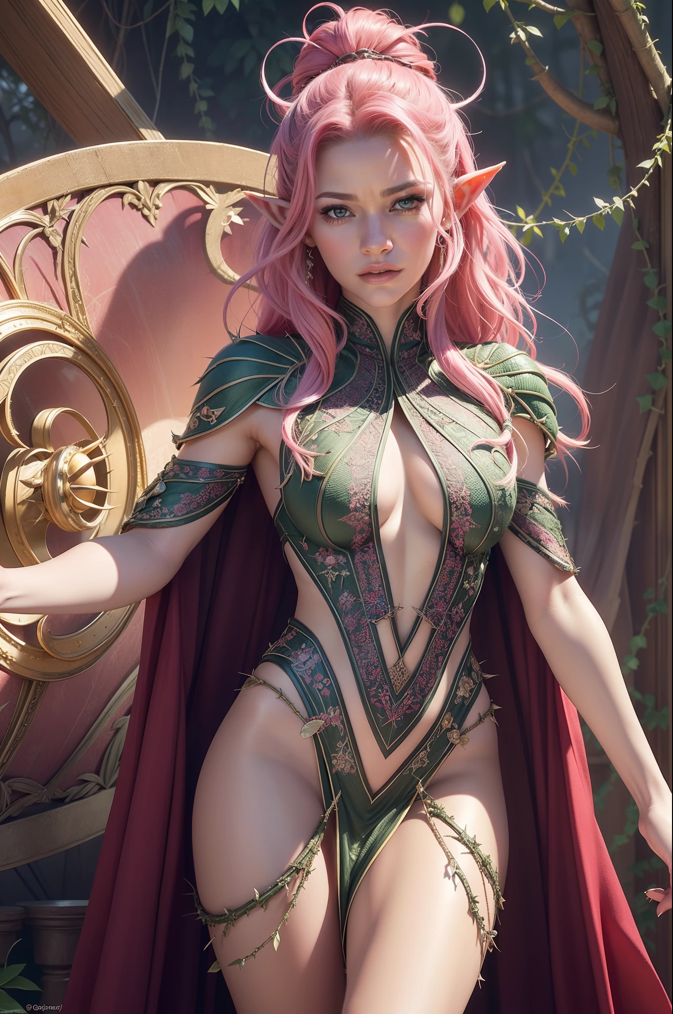 (zendaya:Evangeline Lilly) [woman:Plant:15], (masterpiece:1.4, best quality), (intricate details), unity 8k wallpaper, ultra detailed, beautiful and aesthetic, (surrealism:1.4), affinity for plants, can control their growth, shape, and even communicate with them, manipulate their thorns and vines, command them to perform specific tasks, long hair, pink hair, pointy ears