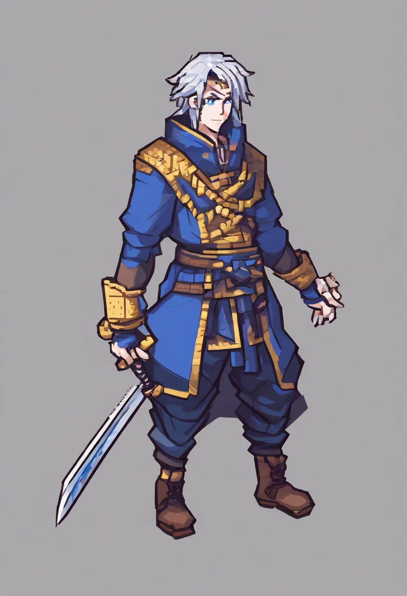 （tmasterpiece，top-quality，best qualityer），pix，pixelart，teens girl，full bodyesbian，Wear a blue hoodie，Wear blue trousers，Gray hair，Tied ponytail，swordsman，A Tang knife was tied around his waist，Hold the handle of the knife in your hand，It has a refined pixel style，It belongs to the game character design，The background color quality is relatively high，There are draft designs on the front and sides of the drawing