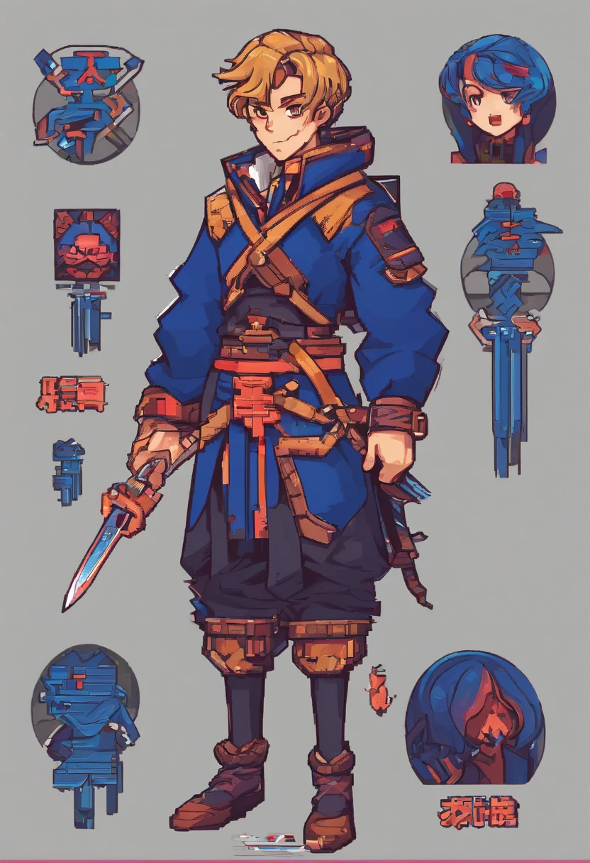 （tmasterpiece，top-quality，best qualityer），pix，pixelart，s girl，full bodyesbian，Wear a blue hoodie，Wear blue trousers，Gray hair，Tied ponytail，swordsman，A Tang knife was tied around his waist，Hold the handle of the knife in your hand，It has a refined pixel style，It belongs to the game character design，The background color quality is relatively high，There are draft designs on the front and sides of the drawing