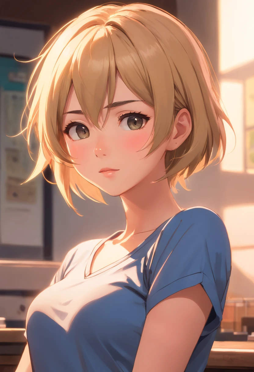 professional, (4k photo:1.1) by (Jeremy Lipking:0.3), (Dittmann Anna:0.3), (Arian Mark:0.3), (Sharp focus:1.3), high detail, wearing (tight shirt:1.2), beautiful detailed face, hazel eyes, short blonde hair, (attractive young woman:1.3), (seductive:1.1), (blushing:1.1), hourglass body shape, natural breasts, wide hips