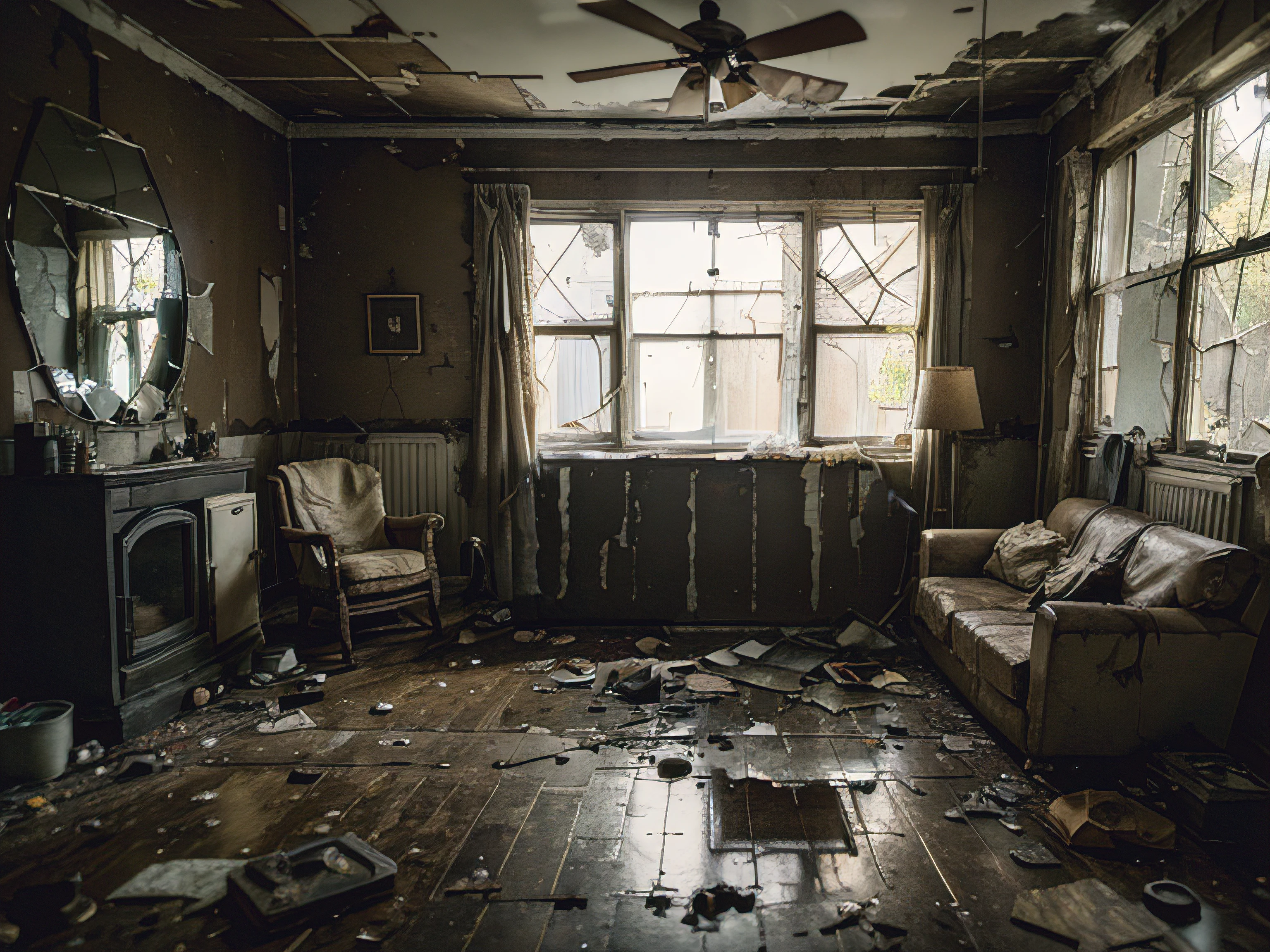 remove that object, broken props, (best quality, highres), realistic, dark lighting, dusty atmosphere, old wood, rusty metal, abandoned location, eerie vibes, dramatic composition, desaturated colors, shattered glass, shattered dreams, ruined beauty, decayed charm, cracked porcelain, crumbling walls, haunting shadows, worn-out furniture, peeling paint, flickering light, forgotten memories, tattered curtains, chipped paint, ghostly presence, time-worn textures, weathered surfaces, broken dreams, shattered reflections, faded photographs, mysterious aura.