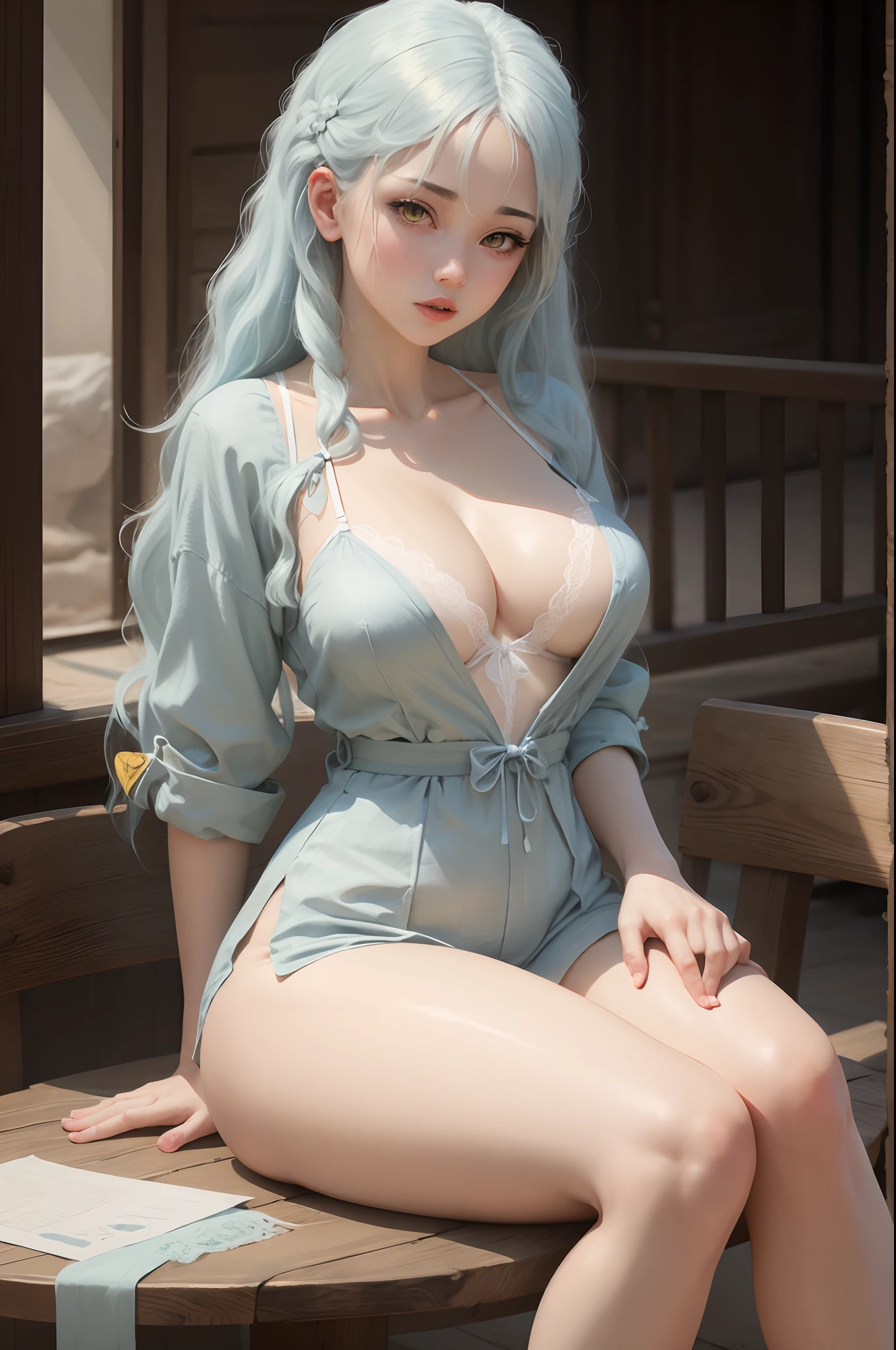 Long hair light blue hair yellow eyes massive breasts exposed cleavage rimuru hot white lingerie adult sitting on table