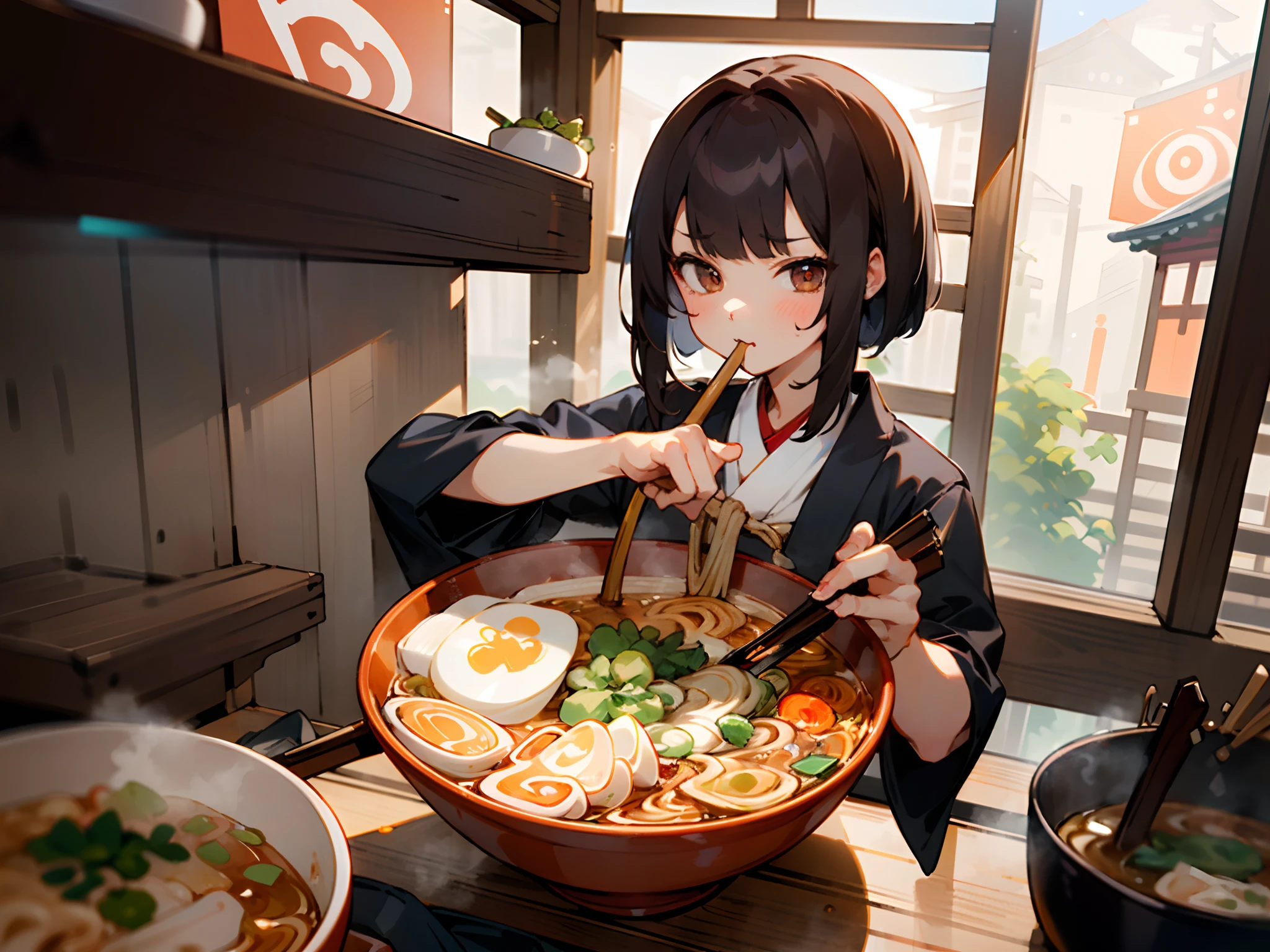 (masterpiece, best quality), 1girl, (eat ramen noodles with chopsticks:1.34), (use chopsticks to pick up the ramen noodles and bring them to her mouth:1.21),  (slurp ramen with a pout:1.34), (chopsticks are shaped pairs of equal-length sticks:1.46), (hot steam from the ramen bowl:0.81), 
BREAK, 
(the girl looking at the ramen), How to eat the ramen noodles, Step1, (hold chopsticks between two fingers), (hold top chopstick like a pencil with thumb, index, and middle finger), (place bottom chopstick in the nook of thumb and index finger and rest it on ring finger), 
BREAK, 
Step2, (pick up a few noodles with the tips of chopsticks), (tips of chopsticks are aligned and pinch them together to grab noodles), Step3, (lift the noodles above the bowl until they separate from the rest), Step4, (Slurping Up the Noodles), 
BREAK, 
upper body shot, view from side above, the girl is  yo, 160cm tall, medium bob brunette hair, large slanted eyes, school uniform, (in the Japanese Ramen restaurant with wooden traditional atmosphere:1.2),