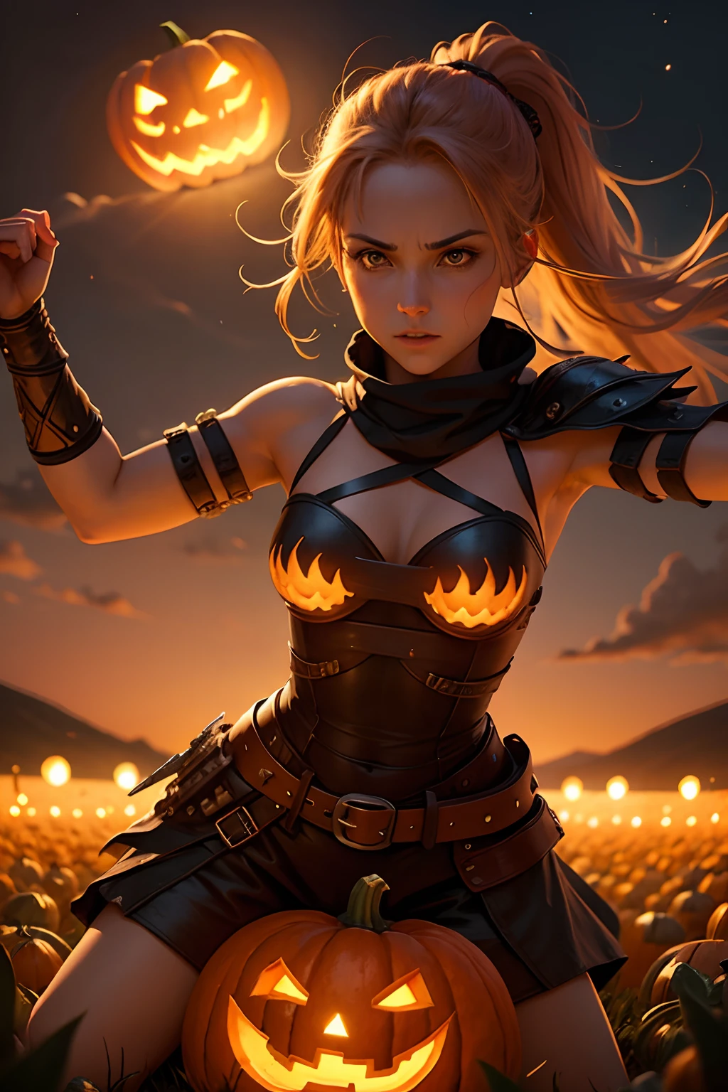 female warrior fighting Jack-o'-lantern, Field at night