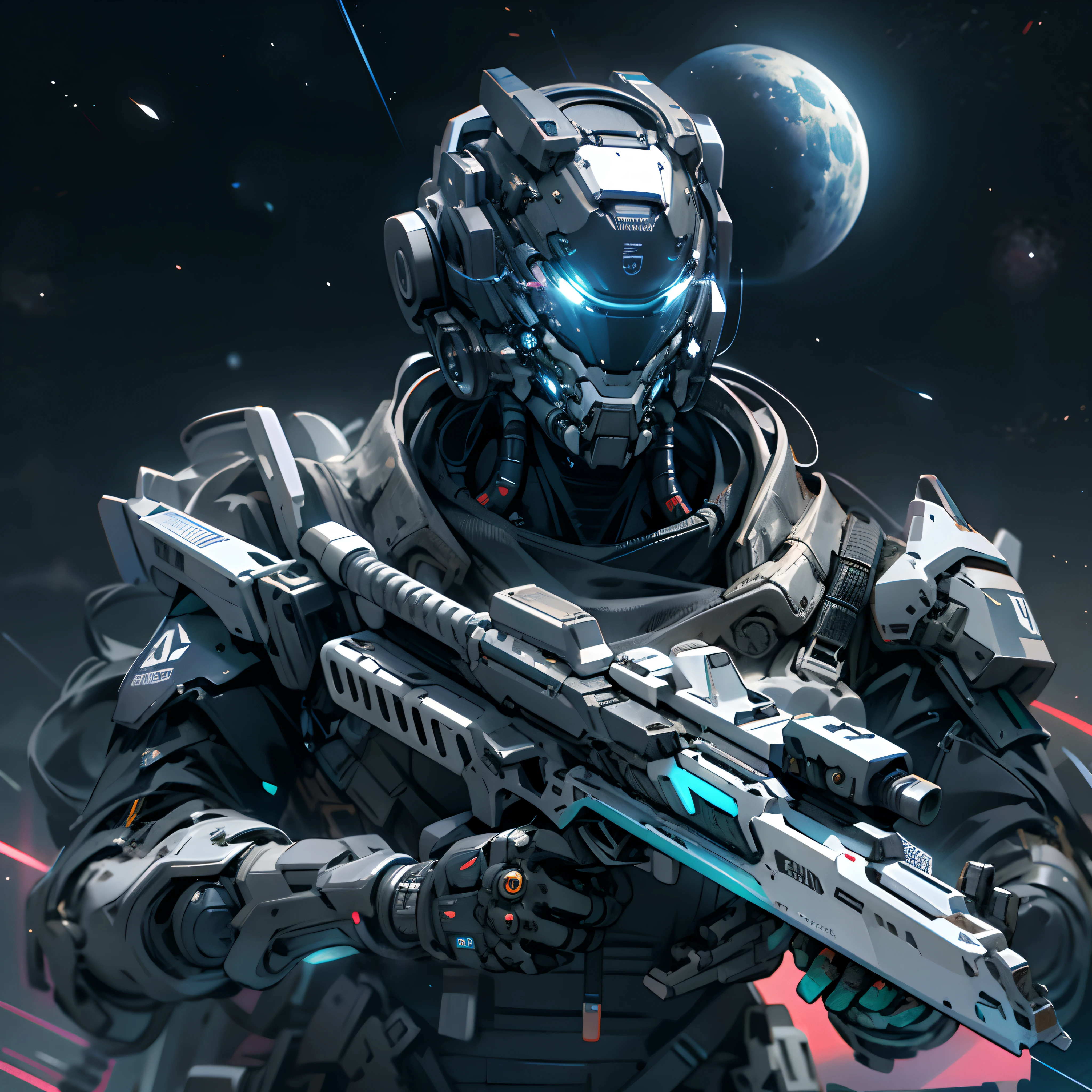 On the moon,  holding_weapon, no_humans, lowing_eyes, robot, Milky Way Galaxy background,neon,cyberpunk, 
best quality, masterpiece, absurdres, monochrome, game cg,