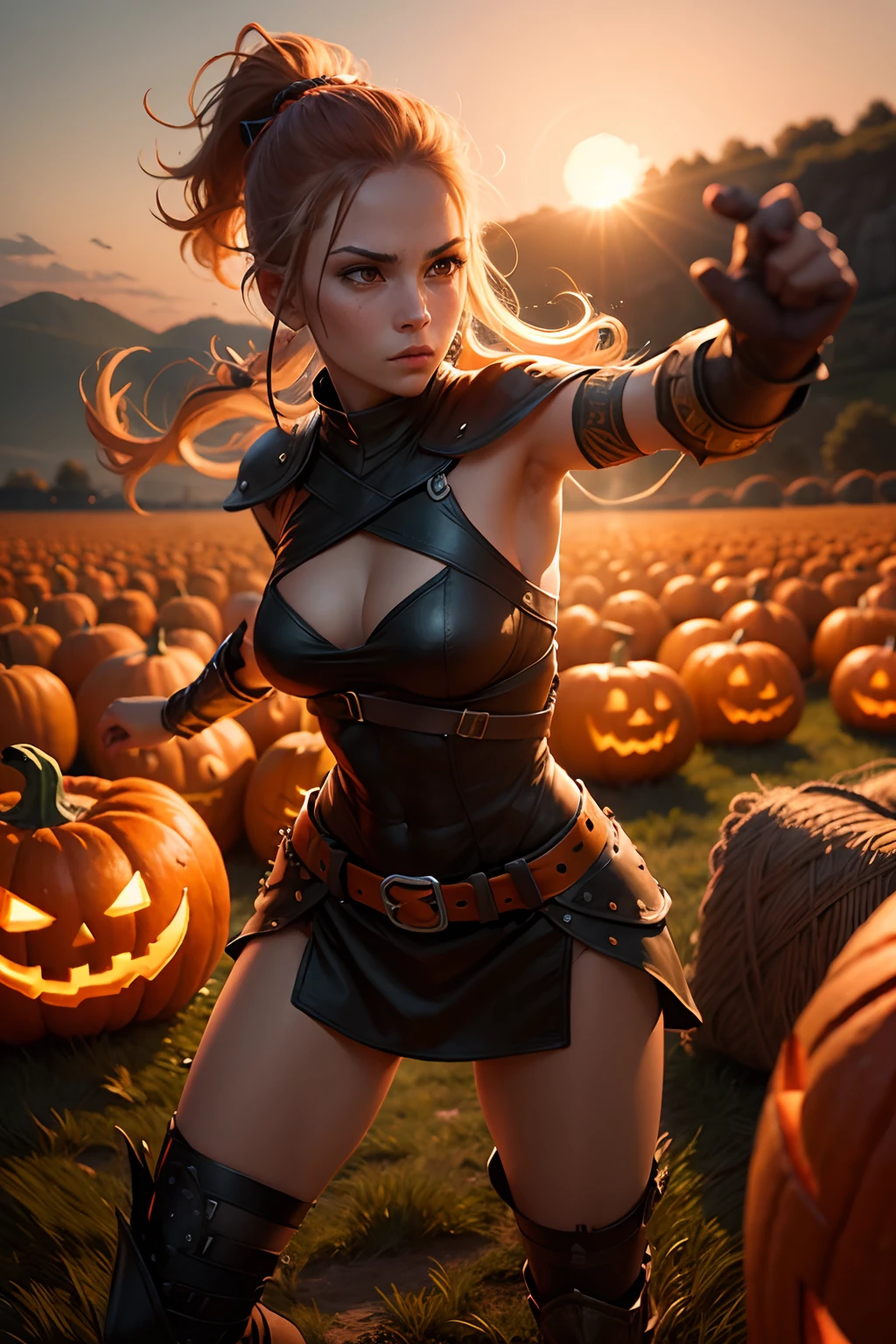 female warrior fighting Jack-o'-lantern, Field at night