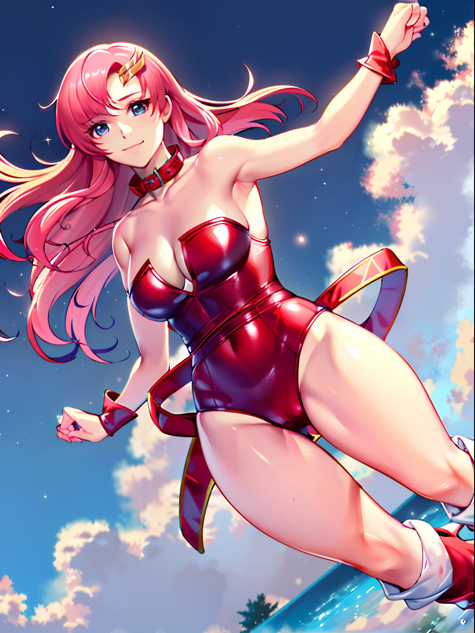 (((red strapless wrestling outfit, collar, red boots))), (masterpiece, big mouth, 4K, Best Quality, Anime style: 1.9,, Adult Woman, (cloud background), Drawing lines, Anime, lacus4), 1girl, Solo, , Long hair, 鎖骨, scapular, (Detailed wide hair bangs, missy hair, floating hair, Hair Ornament, Detailed reddish-pink hair, golden crest), large hands, (). (Big blue eyes), ((little biceps, slender body, hourglass figure, broad shoulders, closed fists)), ((perfect proportions, medium breasts, cleavage, long belly)), (((mini red wrestling outfit))), ( looking at the viewer, smile),