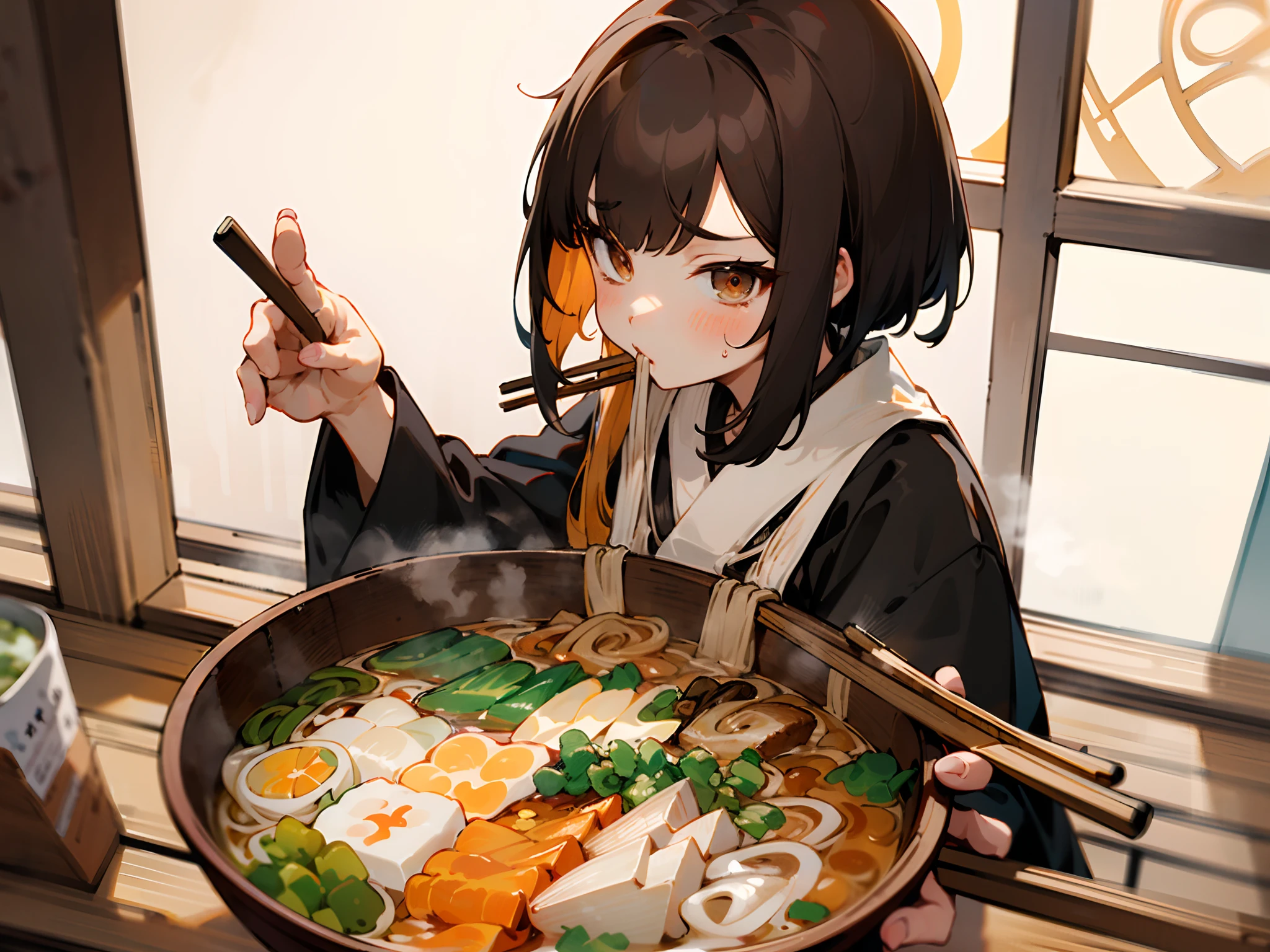 (masterpiece, best quality), 1girl, (eat ramen noodles with chopsticks:1.34), (use chopsticks to pick up the ramen noodles and bring them to her mouth:1.21), (slurp ramen with a pout:1.34), (chopsticks are shaped pairs of equal-length sticks:1.46), (hot steam from the ramen bowl:0.81),
BREAK,
(the girl looking at the ramen), How to eat the ramen noodles, Step1, (hold chopsticks between two fingers), (hold top chopstick like a pencil with thumb, index, and middle finger), (place bottom chopstick in the nook of thumb and index finger and rest it on ring finger),
BREAK,
Step2, (pick up a few noodles with the tips of chopsticks), (tips of chopsticks are aligned and pinch them together to grab noodles), Step3, (lift the noodles above the bowl until they separate from the rest), Step4, (Slurping Up the Noodles),
BREAK,
upper body shot, view from side above, the girl is yo, 160cm tall, medium bob brunette hair, large slanted eyes, school uniform, (in the Japanese Ramen restaurant with wooden traditional atmosphere:1.2),