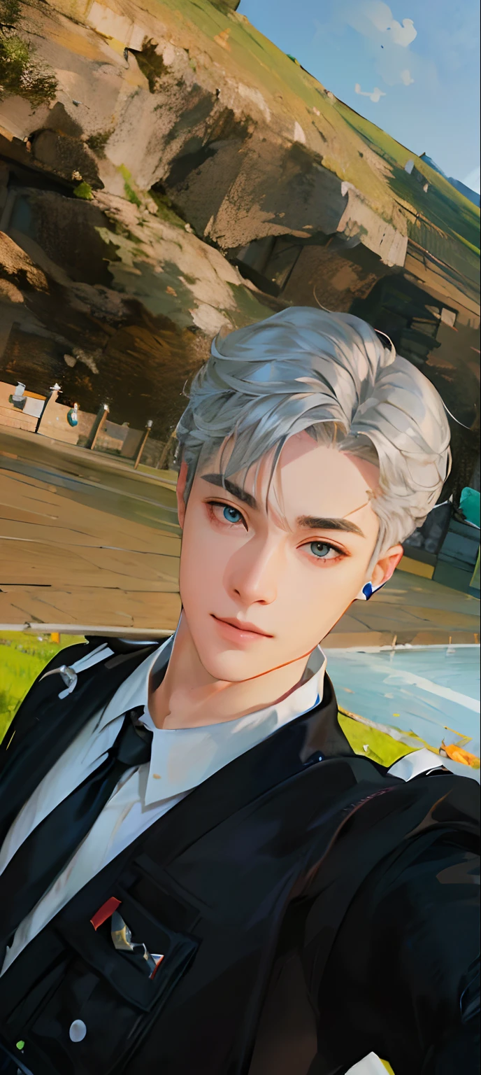 (absurdres, highres, A highly detailed, hdr), 巨作, Best Quality, 1boy, handsome, short hair hair, Delicate eye and detailed face, (White t-shirt), (Jean jacket), Dimple, forehead, Night Street, night city, midnight, Selfie Snapshot, slight smile
