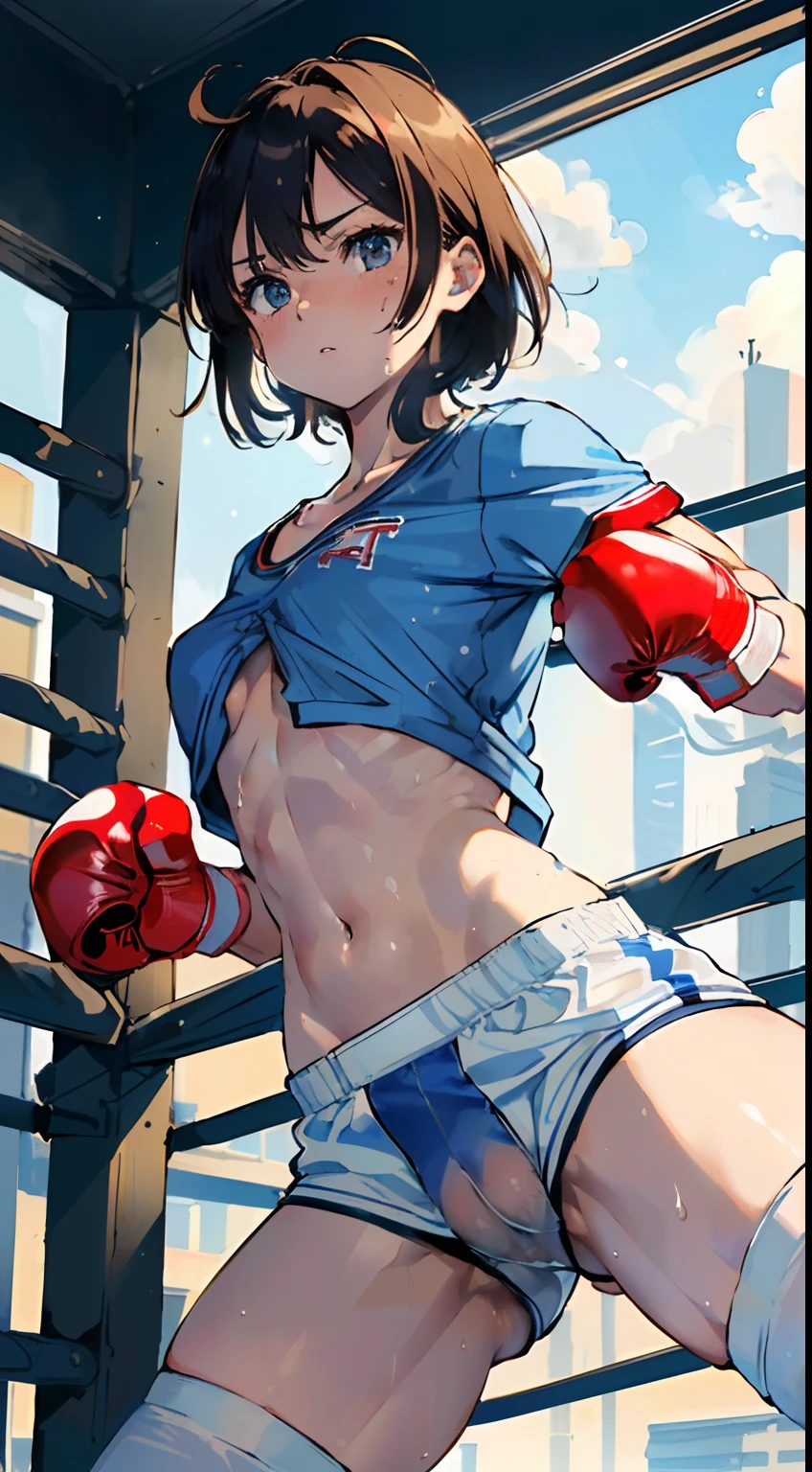 masterpiece, best quality, ultra-detailed, illustration, an extremely delicate and beautiful,high resolution, ultra-detailed,,perfect face,slender perfect body, Tight belly,Toned buttocks,Constricted waist,,1girl,(blue school uniform17),(in skyscraper:1.3),,child,(boxing gloves,fighting pose:1.5),(mesh hair:1.2),(very short hair),(anger),(shirt comes off:1.7),(very long hair), shy daughter, short stature,(small breasts),( sweaty skin:1.2),(front view:1.5),(white bike shorts),(show off bike shorts:1.2),(spread legs:1.2),(cameltoe:1.3)