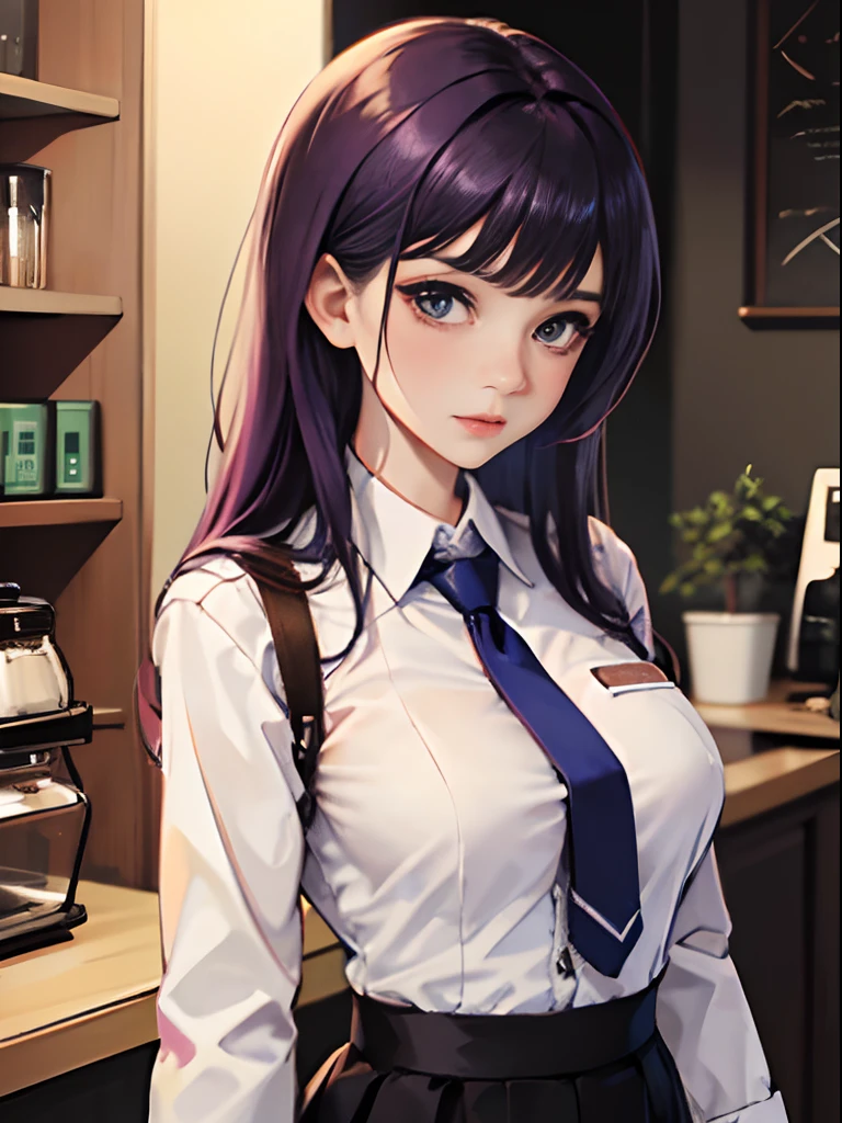 1girl in, Solo, Bangs, blush, hands on own breasts, Jill Stingray, Long sleeves, Looking at Viewer, Purple hair, medium breasts, Visible、neck tie, Shirt, The lower part of the body is a short tight skirt solo, full bodyesbian, vests, barista, vests, White shirt,