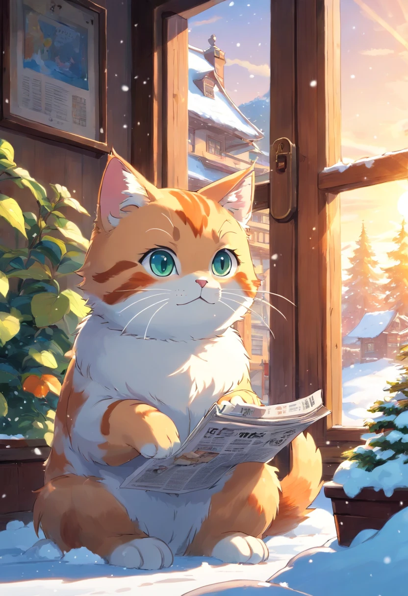 Anime cat sitting on the window sill reading a newspaper - SeaArt AI