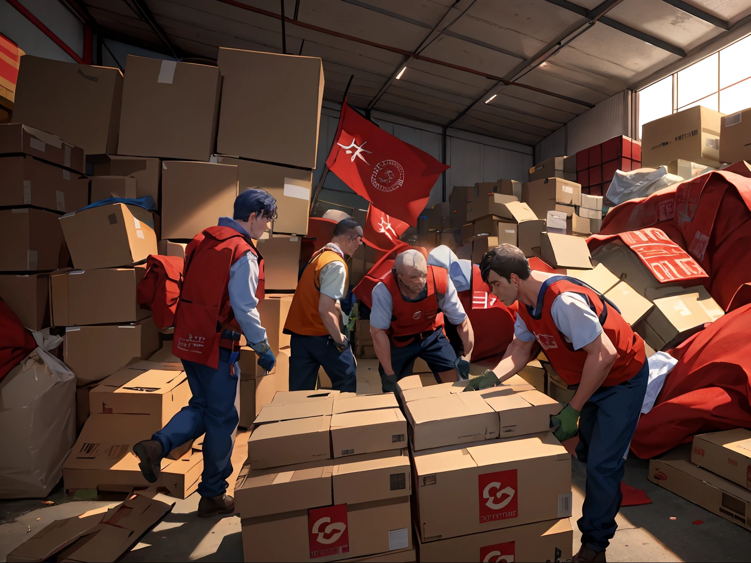 Several men carry goods in the warehouse, Disaster relief, The red flag shines on the earth