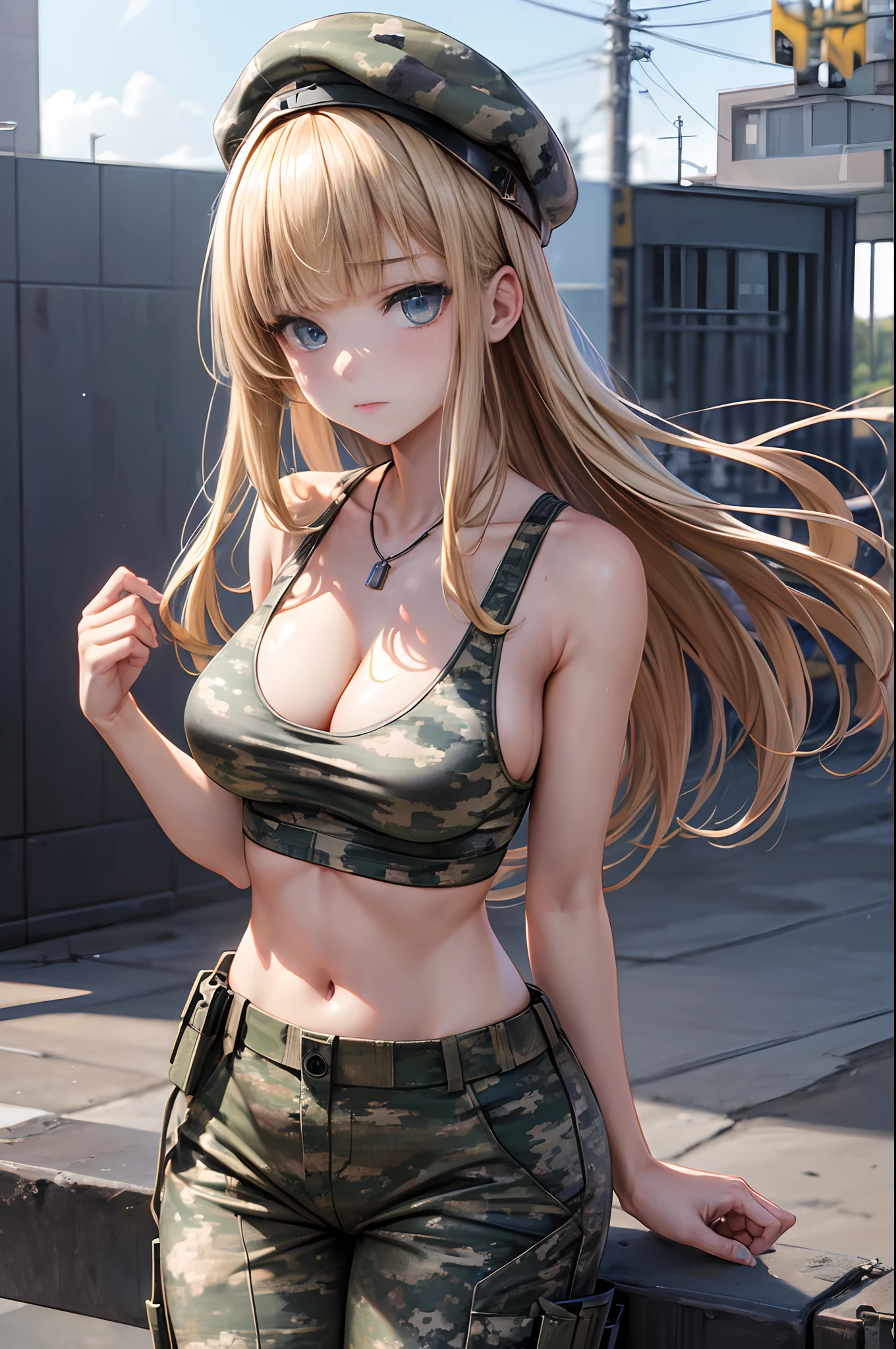 (top-quality、in 8K、32K、masterpiece、nffsw、超A high resolution、Impresionismo、Photorealsitic:1.2)、Alone with a girl、Colossal tits、valley、arms in arms、cowboy shot、(Hold the detailed Beretta 92:1.2)、 detailed faces and eyes、 Wasteland、battle field、tank、beauitful face、blurry backround、-yeld beiful girl、Lustrous blonde hair、poneyTail、Blue eyes、(Detailed camouflage pattern paint on face:1.2)、shinny skin、(Detailed official U.S. Army berets:1.2)、Pendant on chest、Pendant Dock Tag、(Wear a detailed official U.S. Army camouflage suit:1.2)、Black tank top、Blunt bangs、(Detailed Official United States Army Camouflage Pants:1.2)、Official United States Army Military Boots、(Show me cleavage from black tank top:1.2)