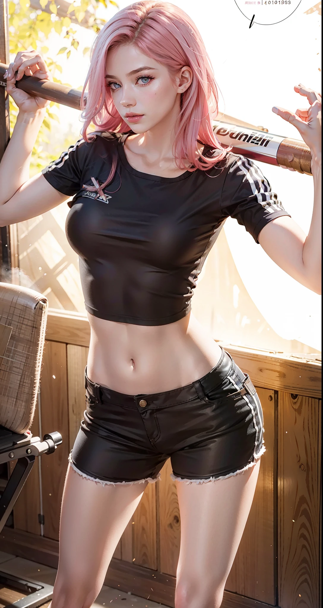 a close up of a woman with red eyes colour, holding a baseball bat. baseball bat, serious face, serious eyes, straight-faced, beautiful haired girl, pink hair, pink hair,, high quality, full body, (photorealistic:1.4), raw photo, 1girl, looking_at_viewer, makeup, solo, light smile,shadows, contrast, analog style (look at viewer:1.2) (skin texture) (film grain:1.3), (warm hue, warm tone:1.2), close up, cinematic light, sidelighting, ultra high res, best shadow, RAW, RAW photo, a 22-year-old, lipstick, soft lighting, high quality, ((soft lighting:1.4),(pale skin:1.4), highres, sharp focus, extremely detailed, (spotlight), stage, beautiful detailed eyes, masterpiece, cinematic lighting, dslr, Fujifilm XT3,