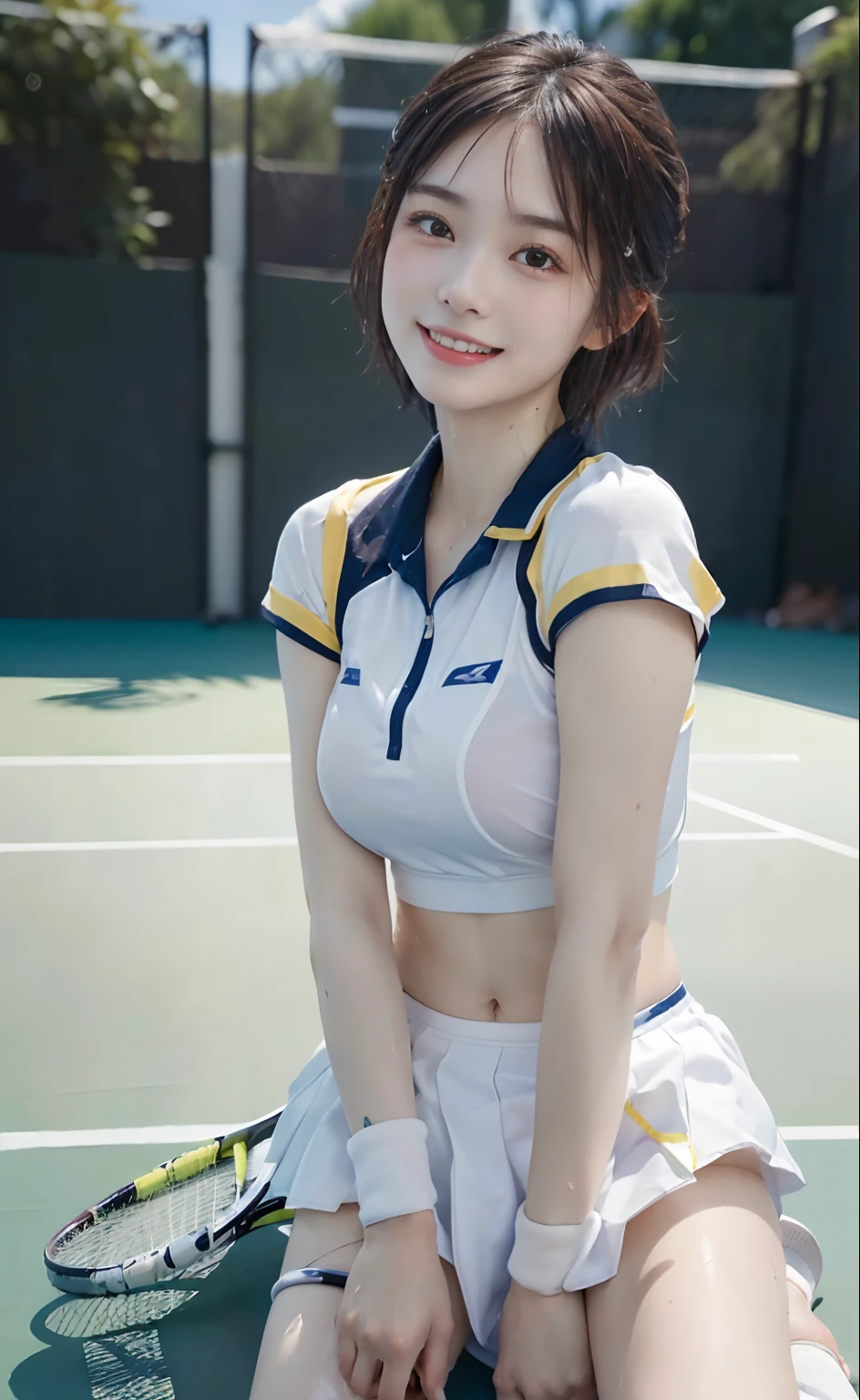 masterpiece, 1girl in, 独奏, Luminous Eyes, White sneakers, Tennis Wear, White mini skirt, white panties, white knee-socks, masterpiece, top-quality, realisitic, ultra-detailliert, blue-sky, tennis coat, (extremely delicate and beautiful work), ((masuter piece)), (Best Quality), glamor body, One lady, 20yr old, (Wearing a tennis uniform:1.5), (Taut), (Sexually aroused face:1.4), ( Shoulder cut hair,(Fair skin:1.2), Bright lighting, Natural lighting, Realistic lighting, Lovely lips、delicated face、(realisitic、Photo_Realistic:1.4)、((top-quality、masterpiece:1.3))、20yr old、((Brown hair))、((a shower、White turbid water))、((the pose))、((Functional))、((soaked breasts))、(((soaked body)))、(((Drenched pubic hair)))、Smile full of happiness、Poses that fascinate a man、seducing smile、Upper body naked、((()))、(((SEX)))、(((Expression in a state of excitement)))、(((Lacking)))、short-hair、toppless、(((())))