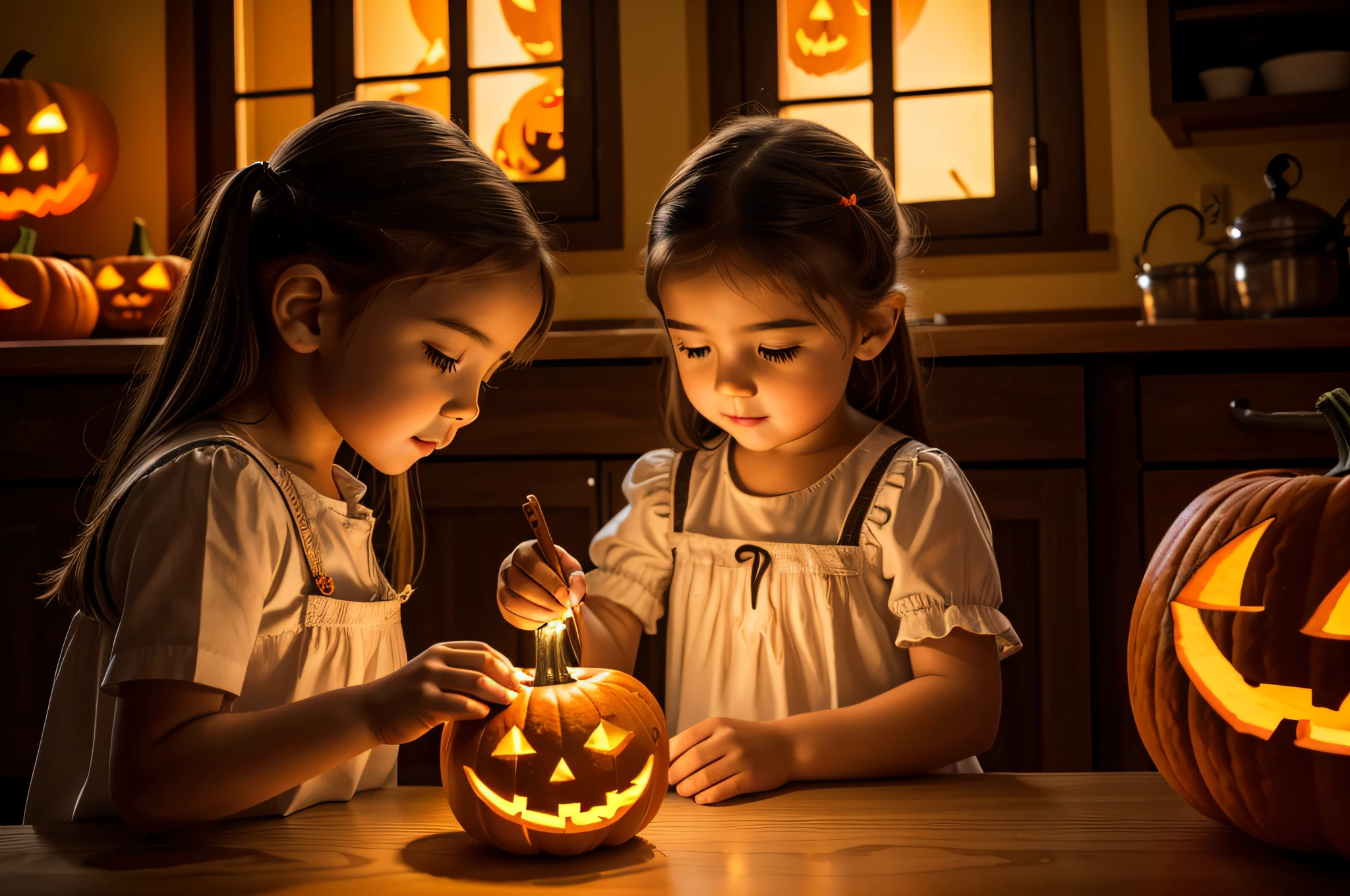(best quality, 4k, 8k, high resolution, masterpiece: 1.2), ultra detailed, (realistic, photorealistic, photorealistic: 1.37),A beautiful little girl is creating a Jack-o'-lantern in the kitchen of her wooden house.Professional interior lighting