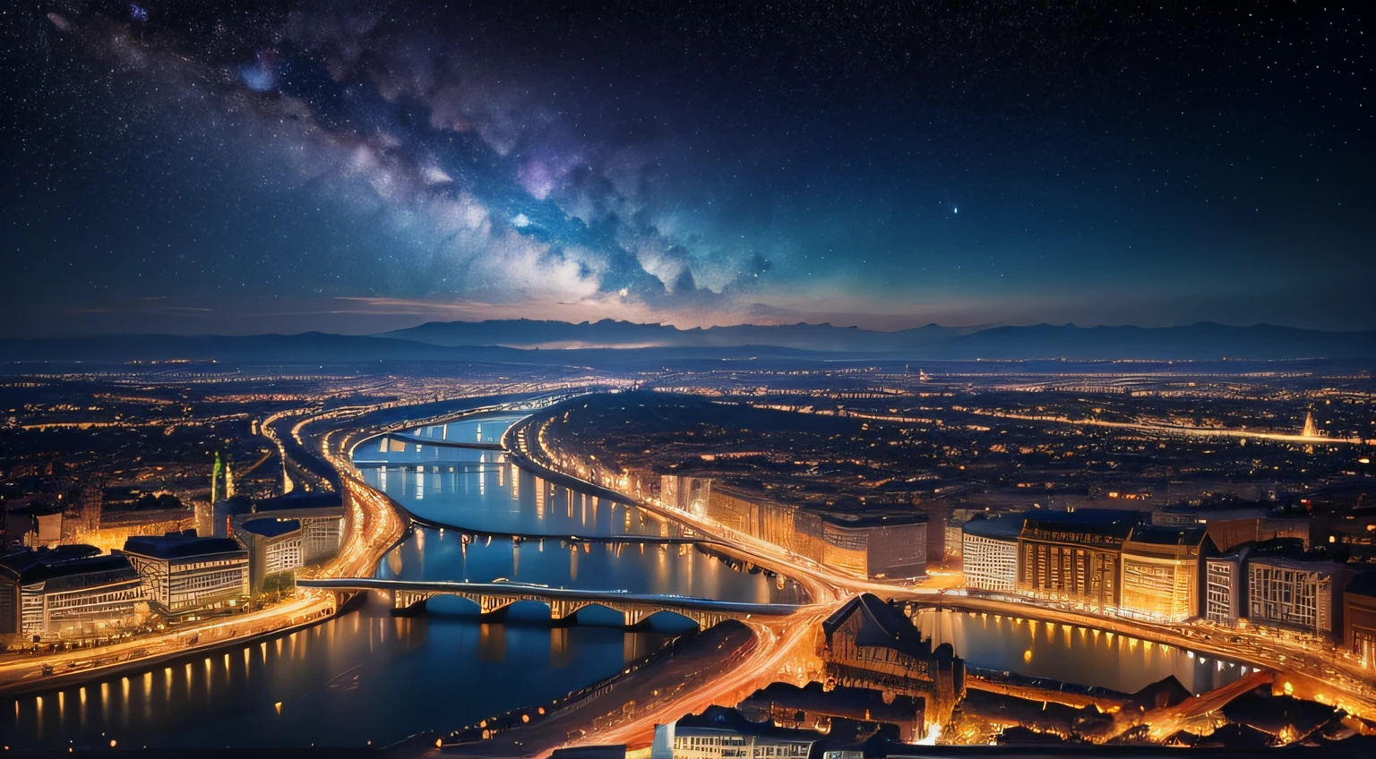 landscape, panorama view, beautiful European city. starry sky, nature