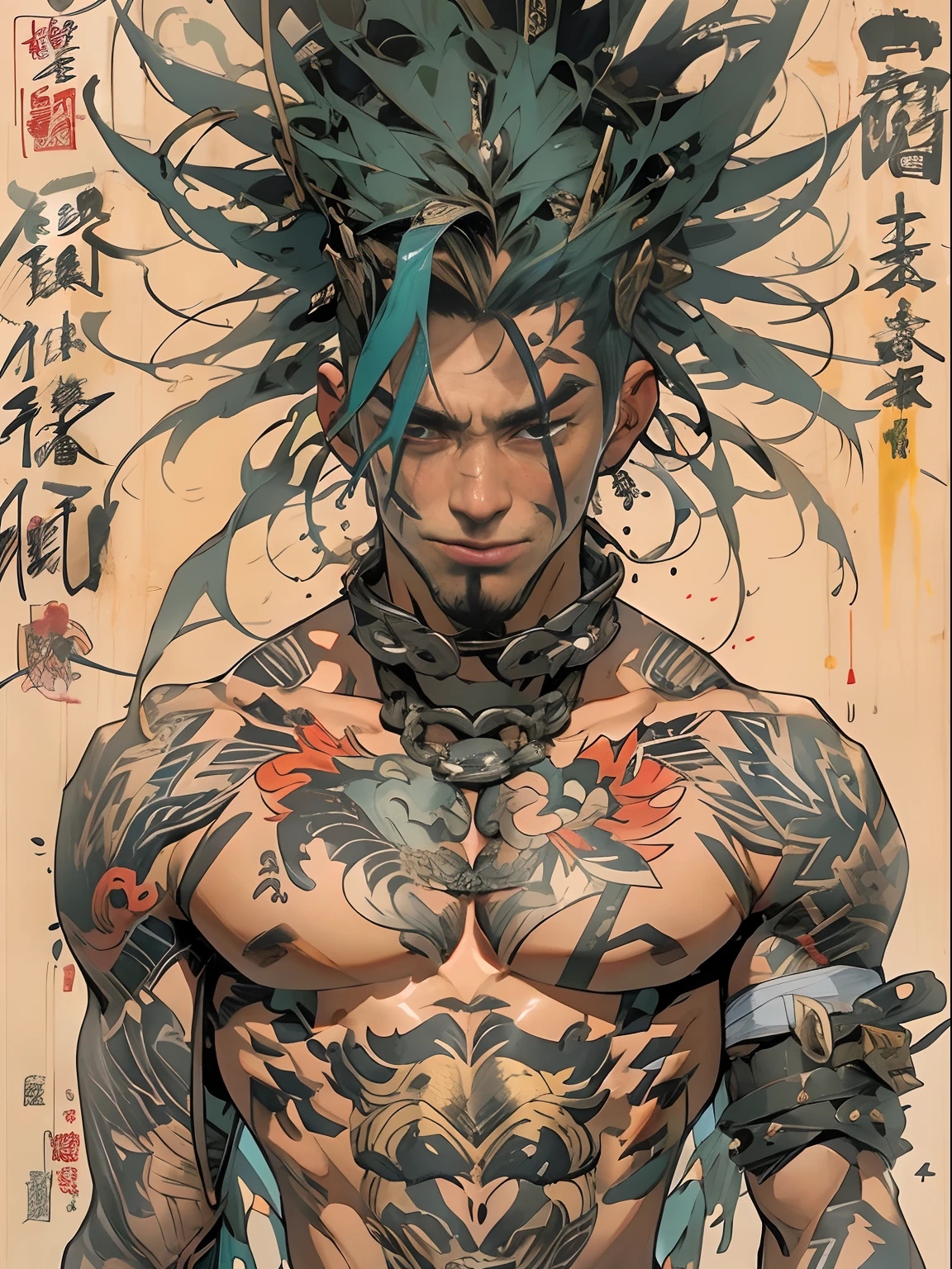 (((mtu))), (((best qualityer))), (((tmasterpiece))), (((AS-Adult))), ((( Japanese ))), Look up from your knees, Handsome Asian samurai,perfect body figure, Modern samurai, ((( Asian))), Wear gloves on your hands,The left arm is made of steel and metal tips,Made of protective devices, The eyes are pulled, (( Appears below the chest )), (( Small dental floss )), Simon Bisley, Almost naked(Simon Bisley)Castle City Wilderness,For high-resolution posters, hair straight, Minimum clothing, armure (Crazy clothes ), Full of tips and rivets, tribal tattoos, (((full bodyesbian))), Straight brunette hair,Colored hair ends