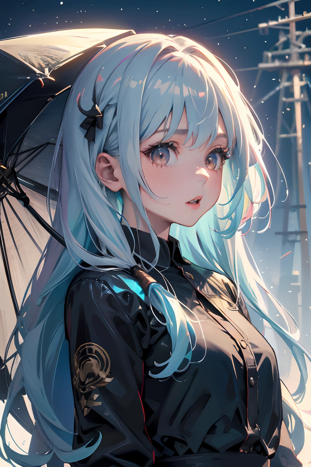 Official art, Unity 8k Wallpapers, ultra-detailliert, Beautifully Aesthetic, masterpiece, top-quality, realisitic, a closeup, Skindentation, interface, A detailed eye, A detailed face, detailed hairs, black backgrounds, straight-on, looking at the viewers, The sheen, Anime, looking at viewer with a cigarette in her mouth, highly detailed with reflections transparent iridescent opaque jacket, Long transparent iridescent RGB hair, 1girl in, Solo, fronds, Long hair, Blurry, Shirt, Parted lips, Outdoors, Floating hair, Long sleeves, White shirt, Bangs, Upper body, Open mouth, tusk, Brown eyes, Wind, Winters,Yuki,snowscape,Blurry background, day, depth of fields, bug,Funeral Freelen,Freelen,Light blue hair,Twin-tailed,