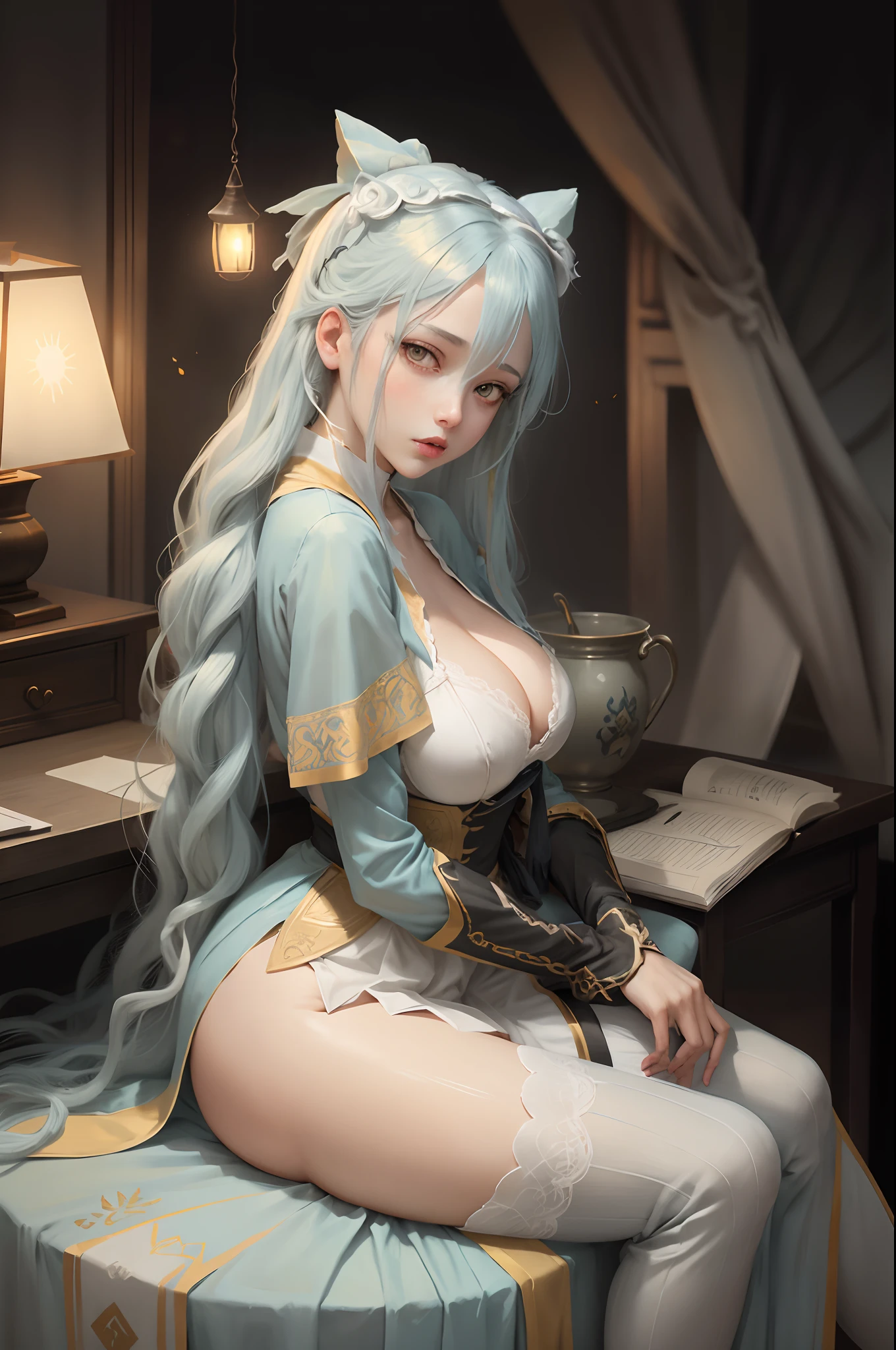 Long hair light blue hair yellow eyes massive breasts exposed cleavage rimuru hot white lingerie adult sitting