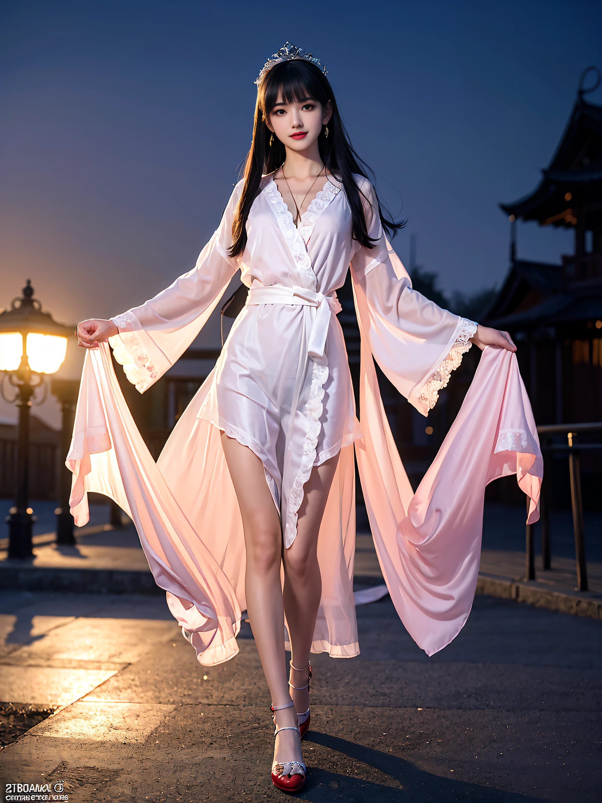 unbelievable Ridiculous，hugefilesize，ultra - detailed，the heirs，The is very detailed，Best quality at best，tmasterpiece，An extremely delicate and beautiful，The is very detailed，CG，Solidarity，8k wallpaper，An Astonishing，finely detailled，tmasterpiece，Best quality at best，offcial art，extremely detailed CGunity8k wallpapers，The upper part of the body，tmasterpiece，Need，（真实感：1.4），A high resolution，cowboy lens，full bodyesbian，（Luminekos：1.4），) 1girll, In the dark, deepshadow, pretty asian girl, heartthrob,(Very slim and slender muscular body:1.3), ((view the viewer)),(Big smile:1.3), (Cityscape, The background is blurred out), (Dim lights, the roof, terrazzo), Pretty girl, Earrings, bangle, necklace, Clear eyes, Walking , front footage, (Pale skin), Face forward, (Big eyes), ((Full body shot)), ((Black silk ties)), ((Transparent red dressing gown:1.3)), (brown hairs) (view the viewer:1.3), (Lace-up panties), open breast, Medium breasts, Shiny , (see through, Pink dressing gown :1.3), terrazzo，ssee-through，Bigchest，There are very deep，There is light in the chest，Looming，Extremely Delicately Beautiful，Delicate collarbones，beautiful make up，Exquisite and perfect facial features，looking toward the viewer，photon maping， Radio City， physically-based renderingt， above waist