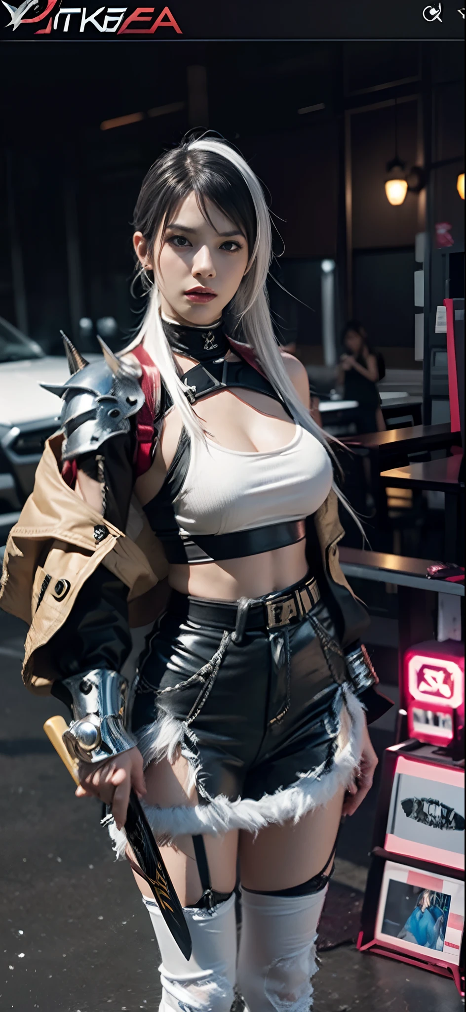 a close up of a person in a costume with a sword, as a character in tekken, female character, tifa lockhart with white hair, katana zero video game character, lunar themed attire, kda, slim body, cyborg - girl with silver hair, upper body realistic, fashion gameplay screenshot, fighting game character, new character, floralpunk elysian maiden, sigma female