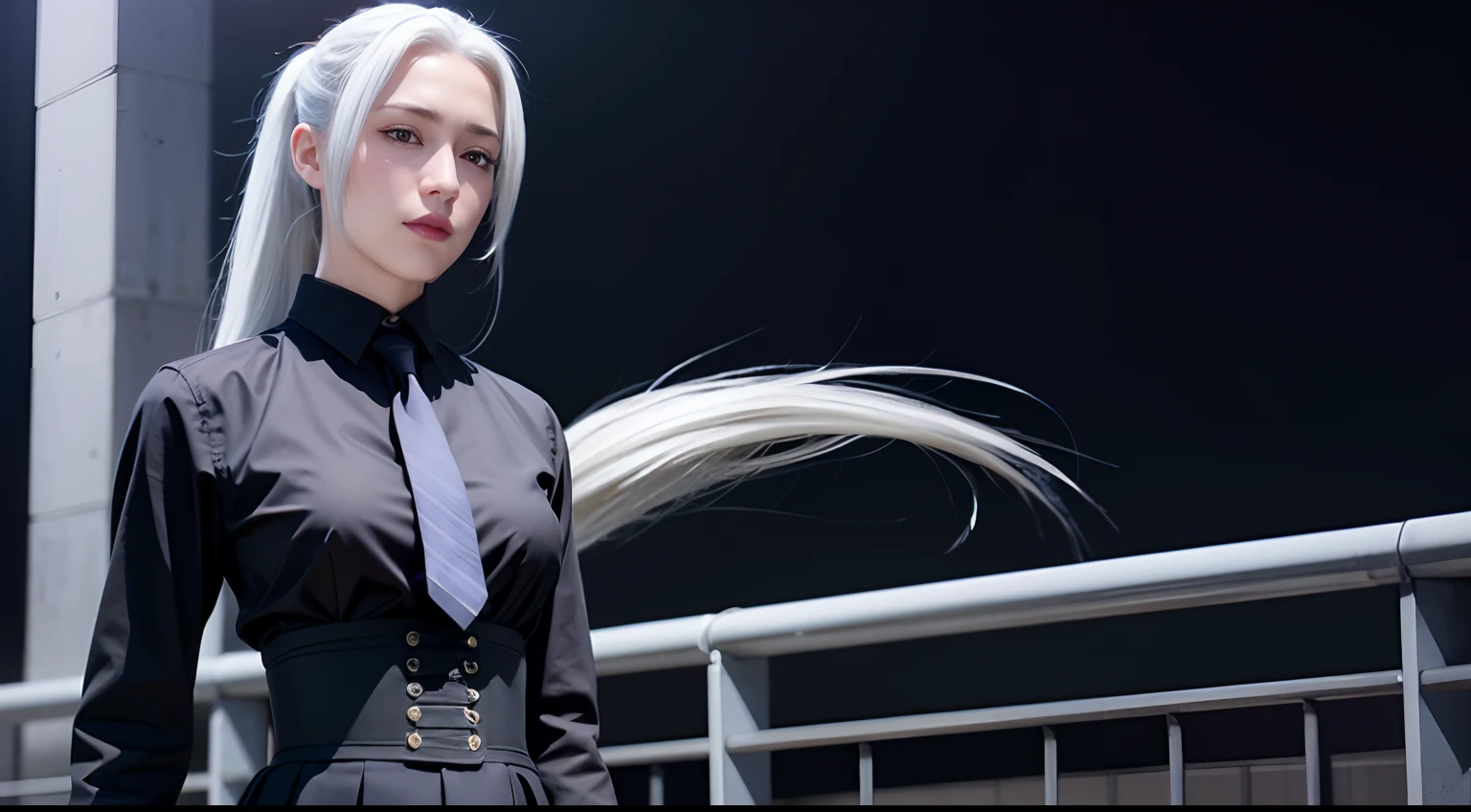 meimei2, 1woman, ponytail, black shirt, necktie, high-waist skirt, buttons, long skirt, extremely beautiful face, realistic, detailed face, narrow eyes, ((solo)), white hair, ((upper body))