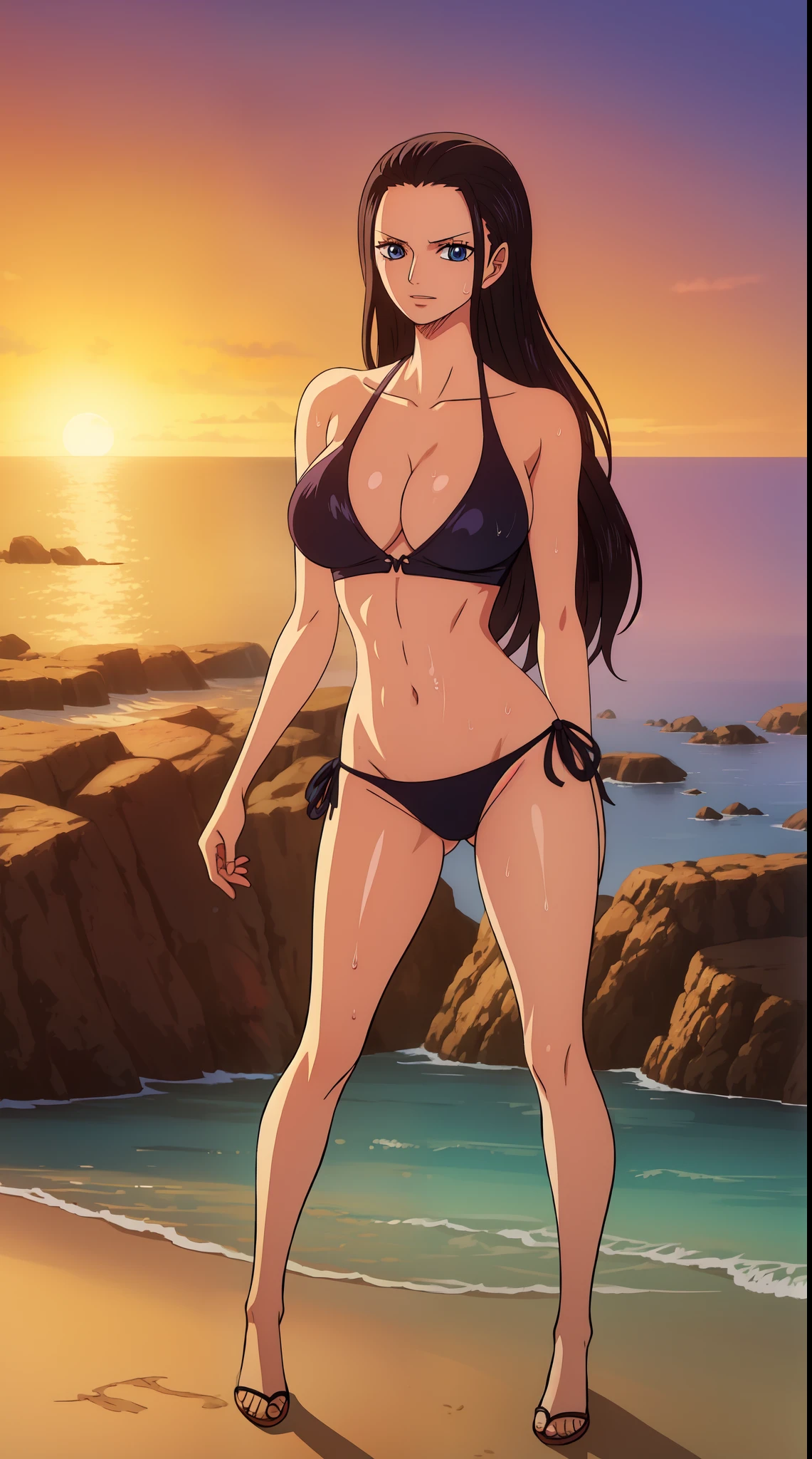 Nico Robin from one piece, black long hair, blue eyes, dark wide pupils, blushing, big breasts, side boobs, wearing thong bikini, standing in the beach, dynamic view, dynamic pose, joyful expression, sunrise, shiny skin, wet body, abs,