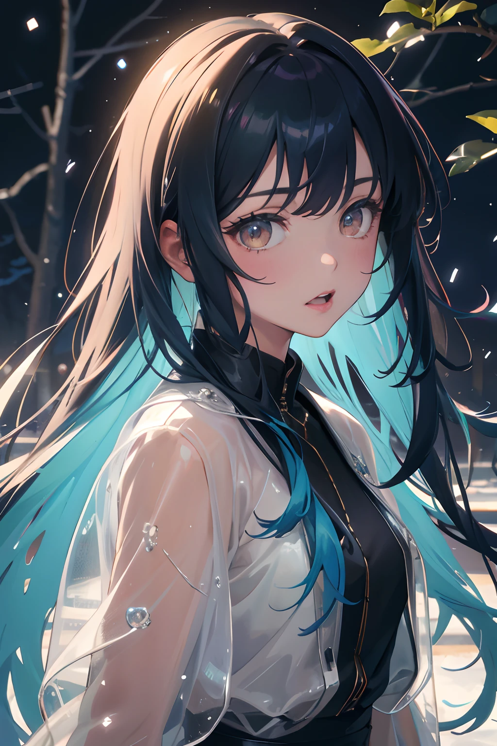 Official art, Unity 8k Wallpapers, ultra-detailliert, Beautifully Aesthetic, ​masterpiece, top-quality, realisitic, a closeup, Skindentation, interface, A detailed eye, A detailed face, detailed hairs, black backgrounds, straight-on, looking at the viewers, The sheen, Anime, looking at viewer with a cigarette in her mouth, highly detailed with reflections transparent iridescent opaque jacket, Long transparent iridescent RGB hair, 1girl in, Solo, fronds, Long hair, Blurry, Shirt,  Parted lips, Outdoors, Floating hair, Long sleeves, White shirt, Bangs, Upper body, Open mouth, tusk, Brown eyes, Wind, Winters，Yuki，snowscape，Blurry background, day, depth of fields, bug,Funeral Freelen，Freelen，Light blue hair，Twin-tailed，