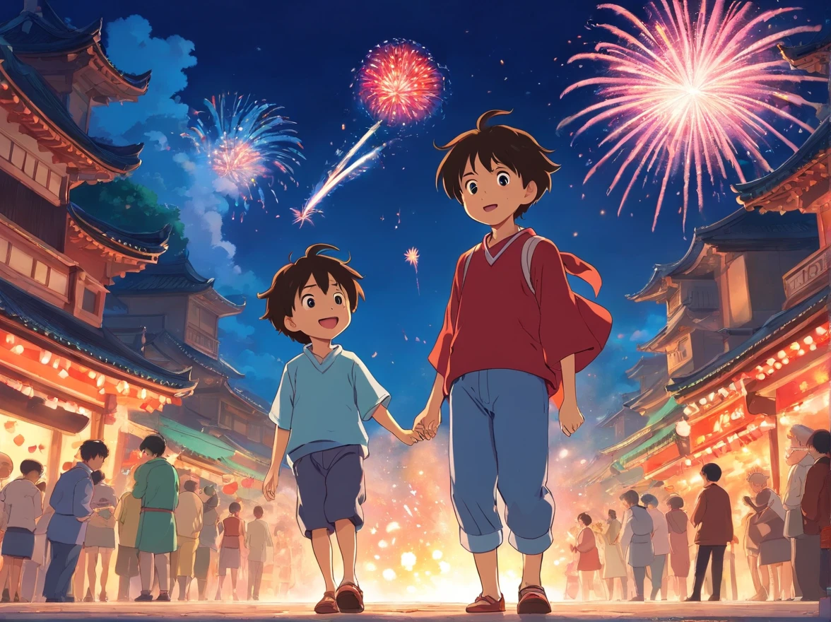 Between crowds and crowds，A 15-year-old boy dressed in Zhuang red carefully avoids competing people。Find your own opportunity。He keenly tracked every flying firecracker，Dexterously dodging other people's hands。sudden，A huge and ornate fireworks cannon soared into the air。The boy jumped up without hesitation，He held out his little hand，Accurately caught the fireworks。The boy seemed to become a genie in the air，Suspend for a moment，Then it flutters to the ground。His smile was as bright as the sun，Everything stands still in that moment。