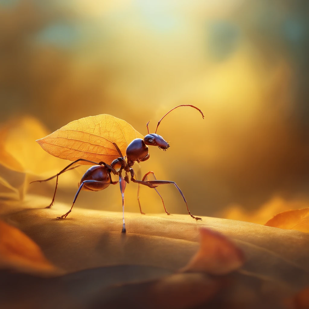 An ant stands on a golden leaf floating in the air