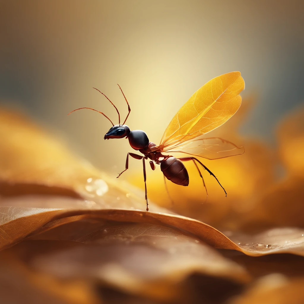 An ant stands on a golden leaf floating in the air