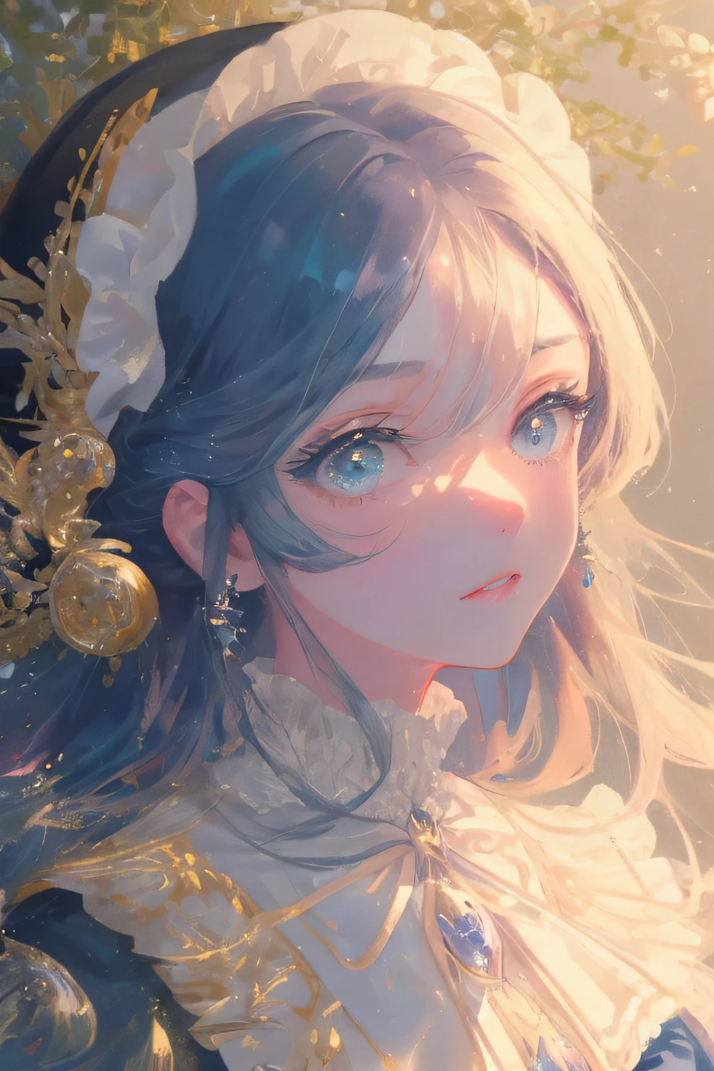 (High quality, 8K), (watercolor paiting, Soft light),Transparent blue eyes, Detailed face, detailed eyes, soft anime illustration, ethereal beauty, Beautiful Anime Portrait, Stunning anime face portrait, Woman in blue dress and hat standing in front of house, artwork in the style of guweiz, in the art style of bowater, beautiful character painting, Beautiful illustration, romanticism art style, dreamy and detailed, beautiful drawing style, a beautiful artwork illustration, with victorian clothing, beautiful anime art style,