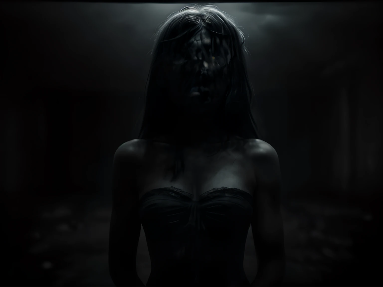 A gloomy and melancholic ambiance permeates the scene, immersing viewers in a foreboding sense of darkness. Shadows dance with an eerie elegance across the subject, revealing a hauntingly expressionless face. This captivating photograph captures the essence of desolation, its monochromatic tones and striking contrast enhancing the overall mood. The image's impeccable composition and masterful use of lighting give it an unparalleled quality, evoking a deep emotional response in anyone who beholds its mesmerizing portrayal of somberness.