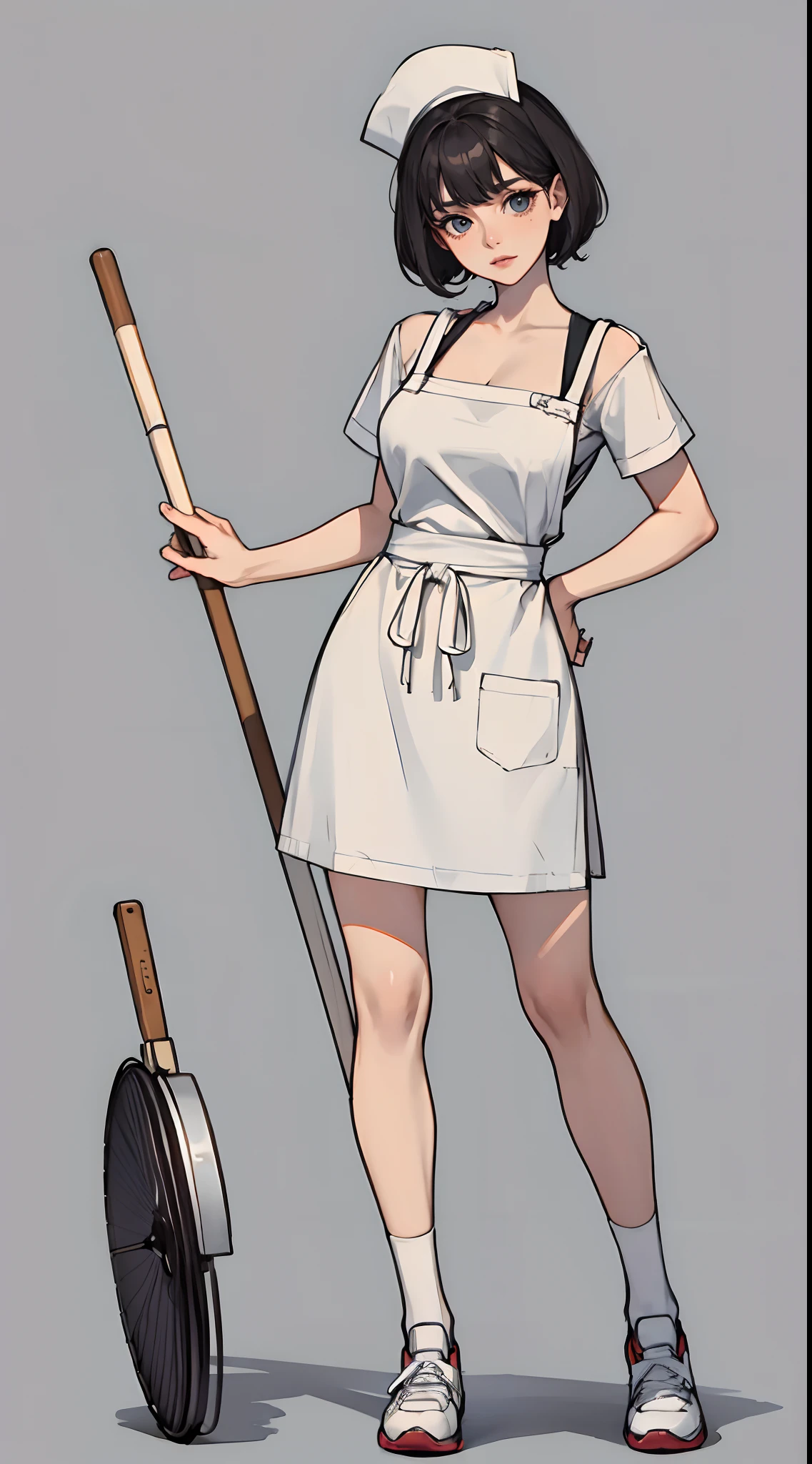 Cook,aprons,Beautuful Women,Stand head-on,full bodyesbian,shoe,greybackground
