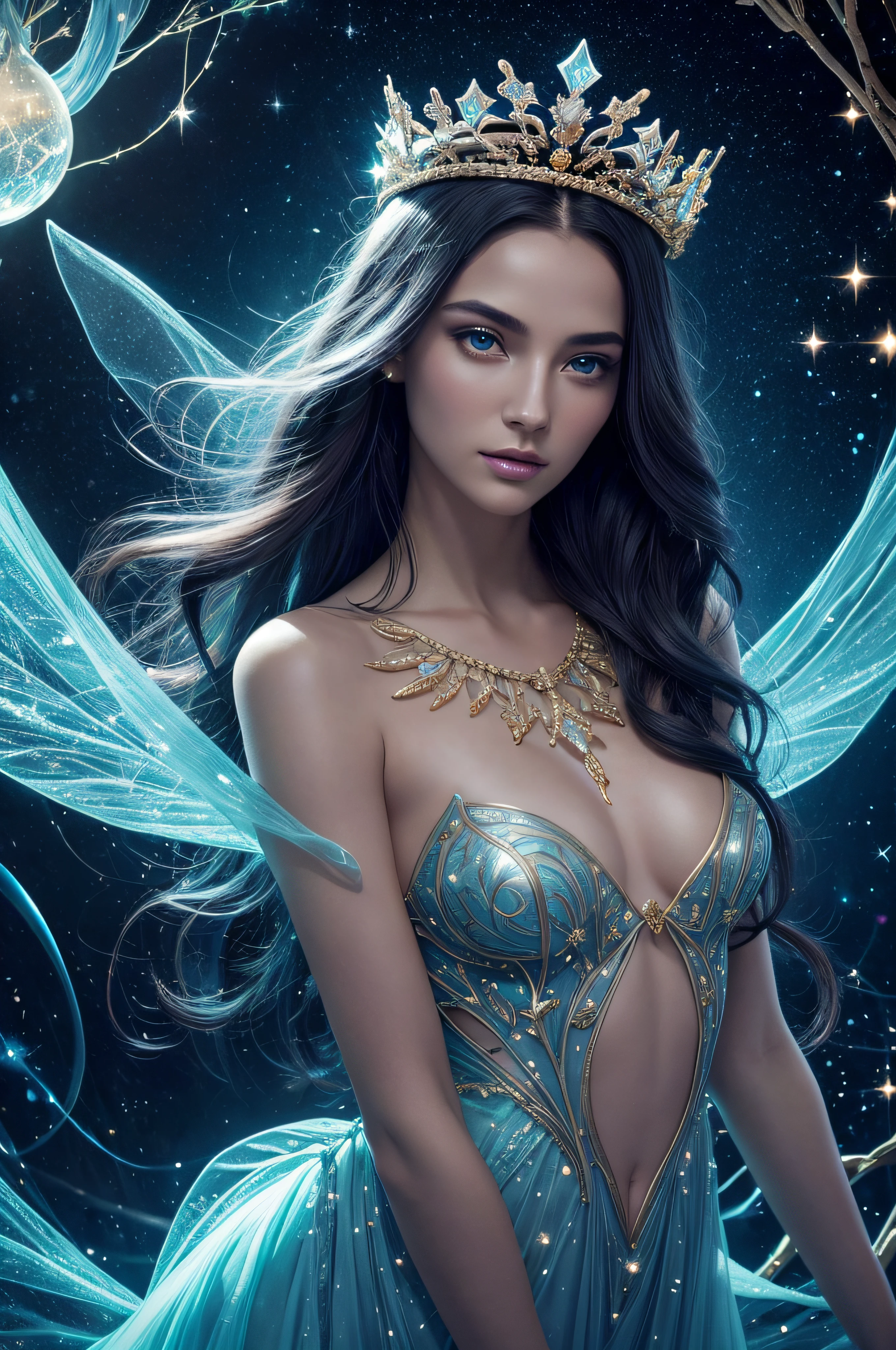 bioluminescent queen of the night,best quality,highres,[starfield backdrop],[Troy Brooks],vivid colors,ultra-detailed,portraits,sharp focus,hdr,ultra-fine painting,professional,physically-based rendering,glowing plants,ethereal beauty,golden crown,exquisite gown,fairy-like,graceful pose,mesmerizing eyes,intense gaze,luminescent skin,delicate features,enzymes produce light,dream-like,night sky,hint of mystery,astral energy,celestial being,supernatural aura,ethereal creatures,darkness revealed,illuminated beauty,enchanted garden,tree branches entwined,dancing fireflies,float through the air,starlight whispers,secrets of the universe,otherworldly grace,wisps of stardust,the Queen's radiance captures all who behold