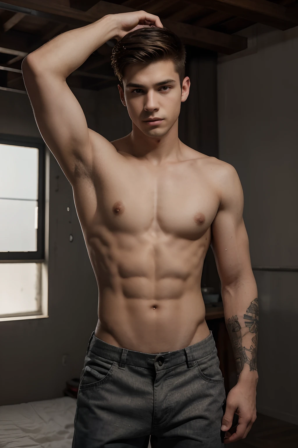 A boy handsome boy,simple body&six pack,he is 20 years old, simple body tatto,background Lighting place,change pant,styling hair, smart boy, realistic picture, High quality, high details, hd,v2,8k Ultra