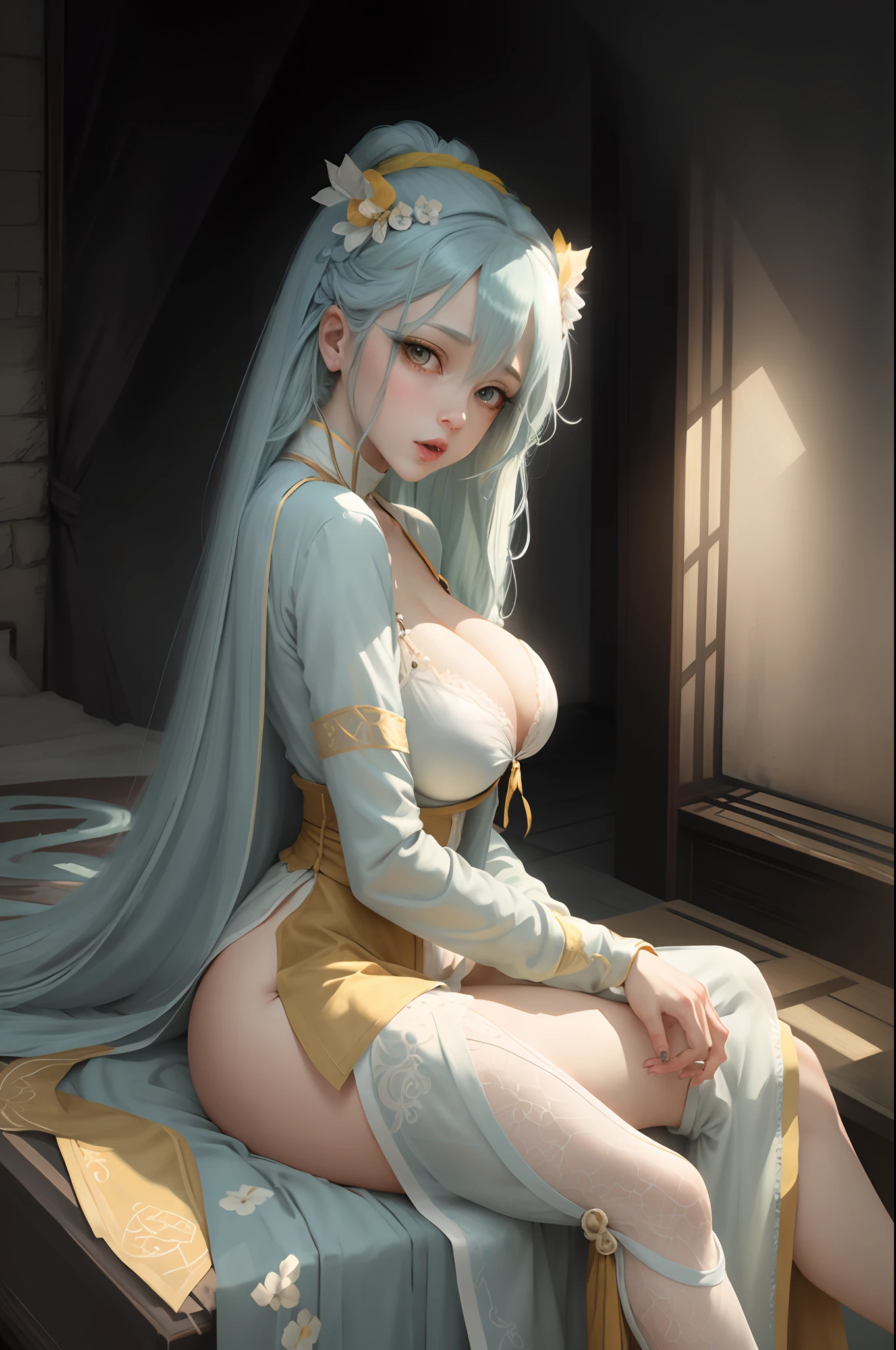 Long hair light blue hair yellow eyes massive breasts exposed cleavage rimuru hot white lingerie adult