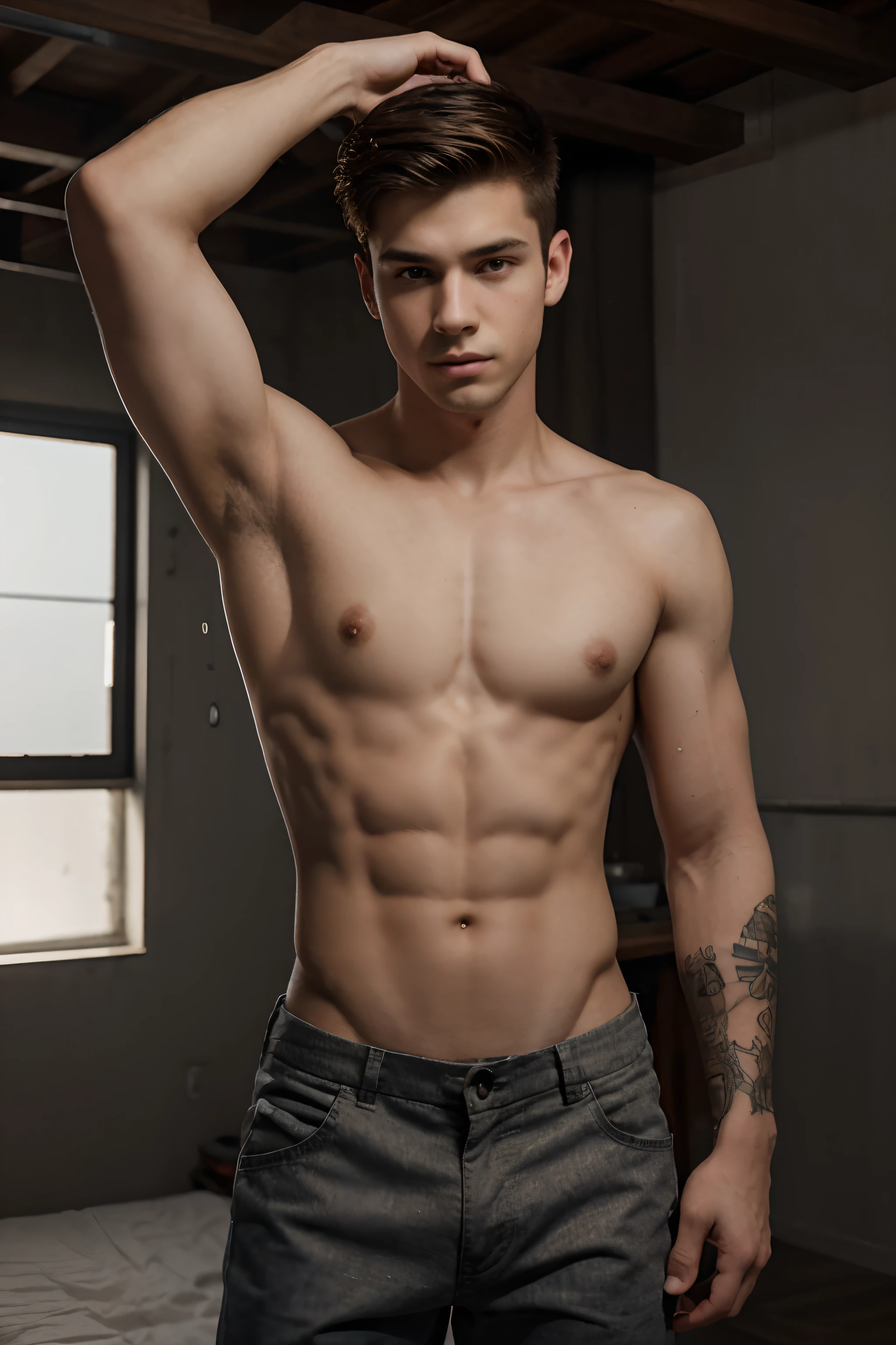 A boy handsome boy,simple body&six pack,he is 20 years old, simple body tatto,background Lighting place,change pant,styling hair, smart boy, realistic picture, High quality, high details, hd,v2,8k Ultra