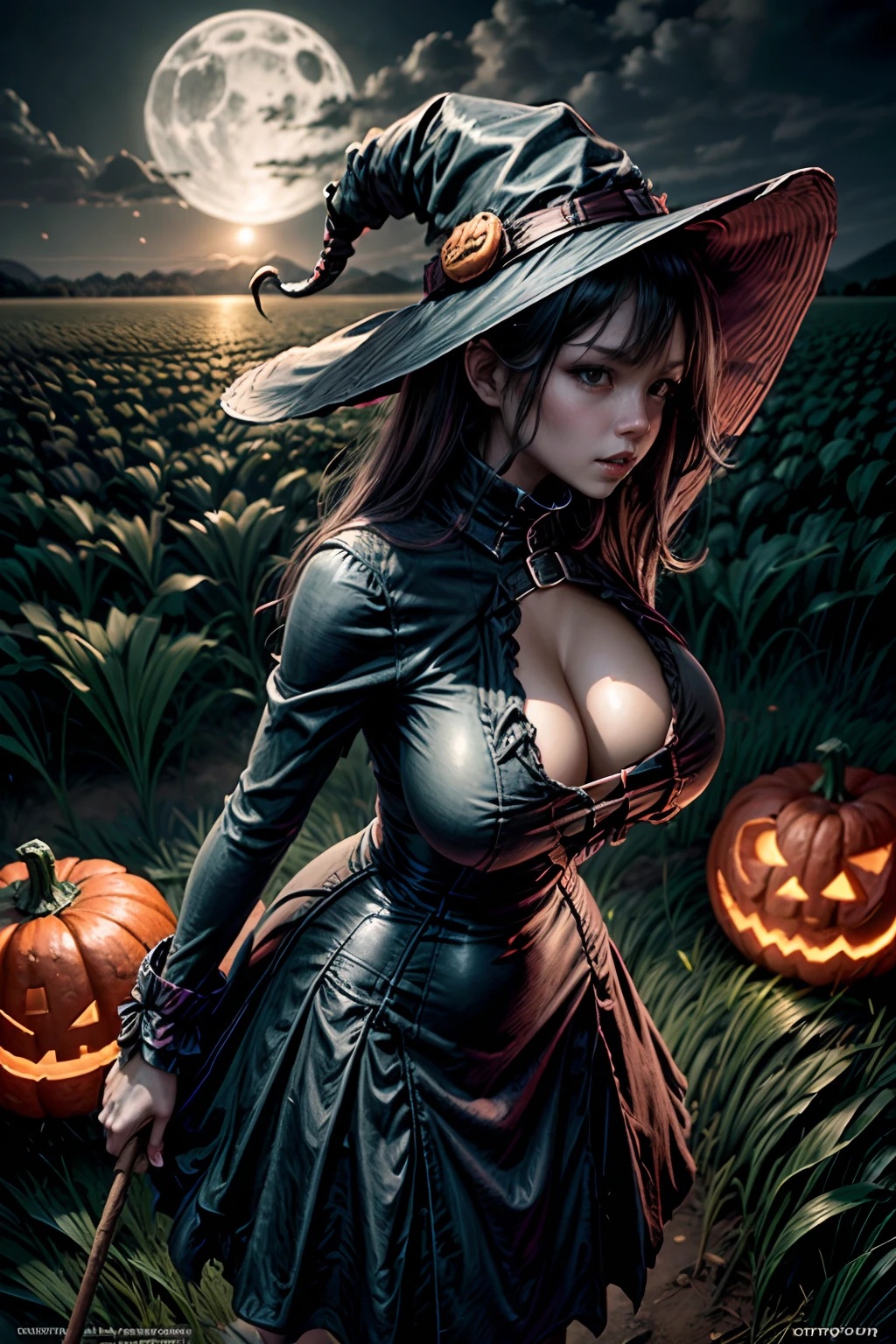 witch, Fighting Jack-o'-lantern, Field at night, fully clothed, giga_busty